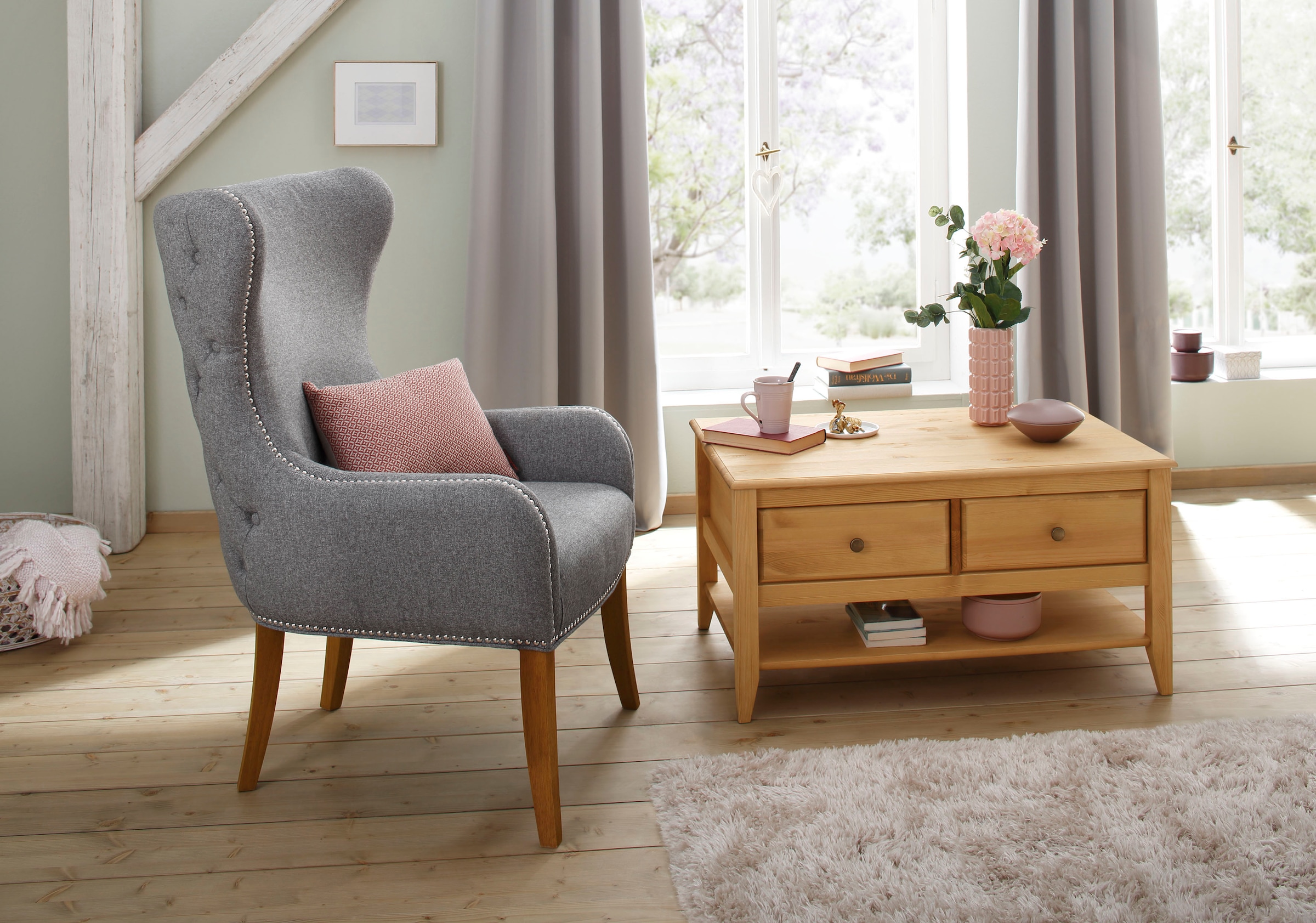 Home affaire Couchtisch »Leonis«, Breite 89 cm, mit Schubladen und Ablageboden, aus massiver Kiefer