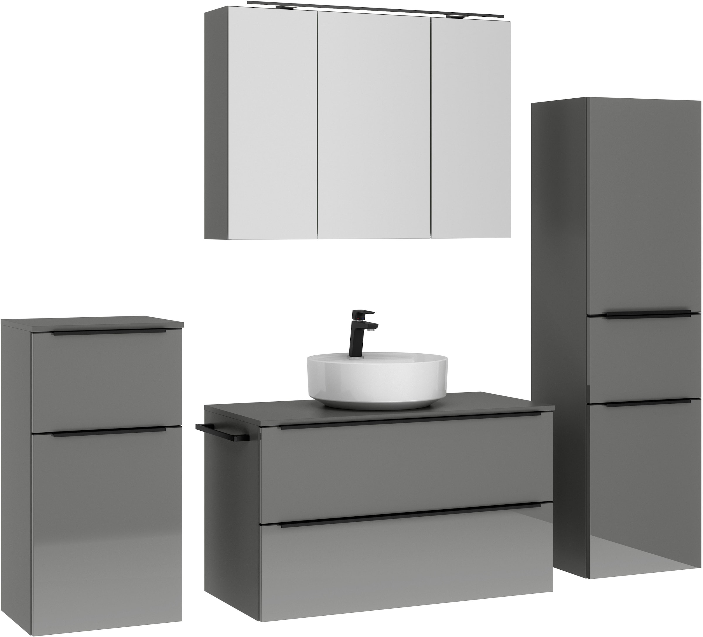 nobilia® Badmöbel-Set »Alvene«, (4 St., vormontiert, mit Soft-Close), inkl. Spiegelschrank mit Beleuchtung und Dimmerfunktion, in 4 Breiten