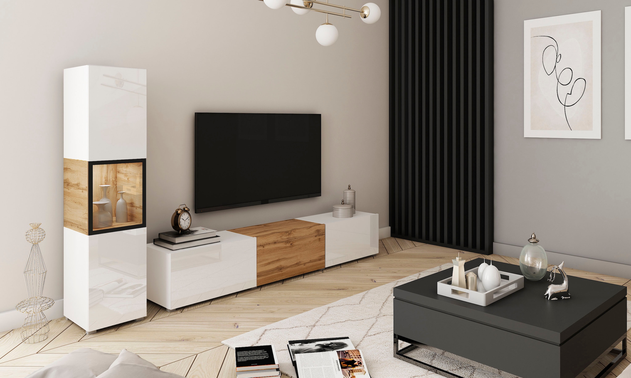 INOSIGN Wohnwand »BERLIN I, Vitrine Türschlag links/rechts wechselbar«, (Komplett-Set, 2 St.), moderne grifflose Mediawand Breite 220 cm, Vitrine mit Verglasung