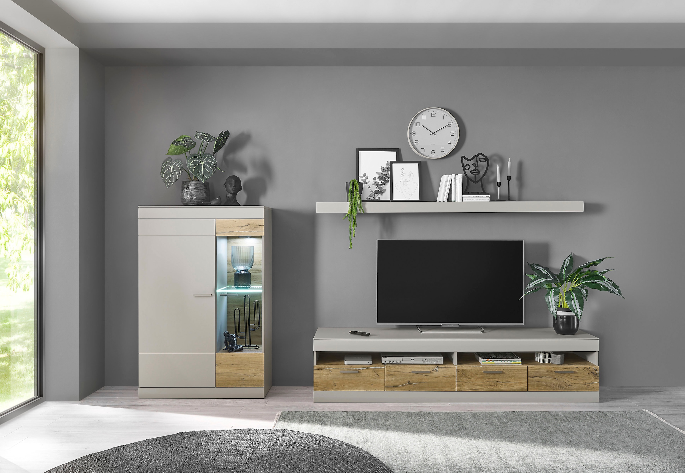 INOSIGN Wohnwand »SCARA«, (3 St.), trendige Farbe mit Applikation Zinneiche Dekor, mit Softclose-Funktion