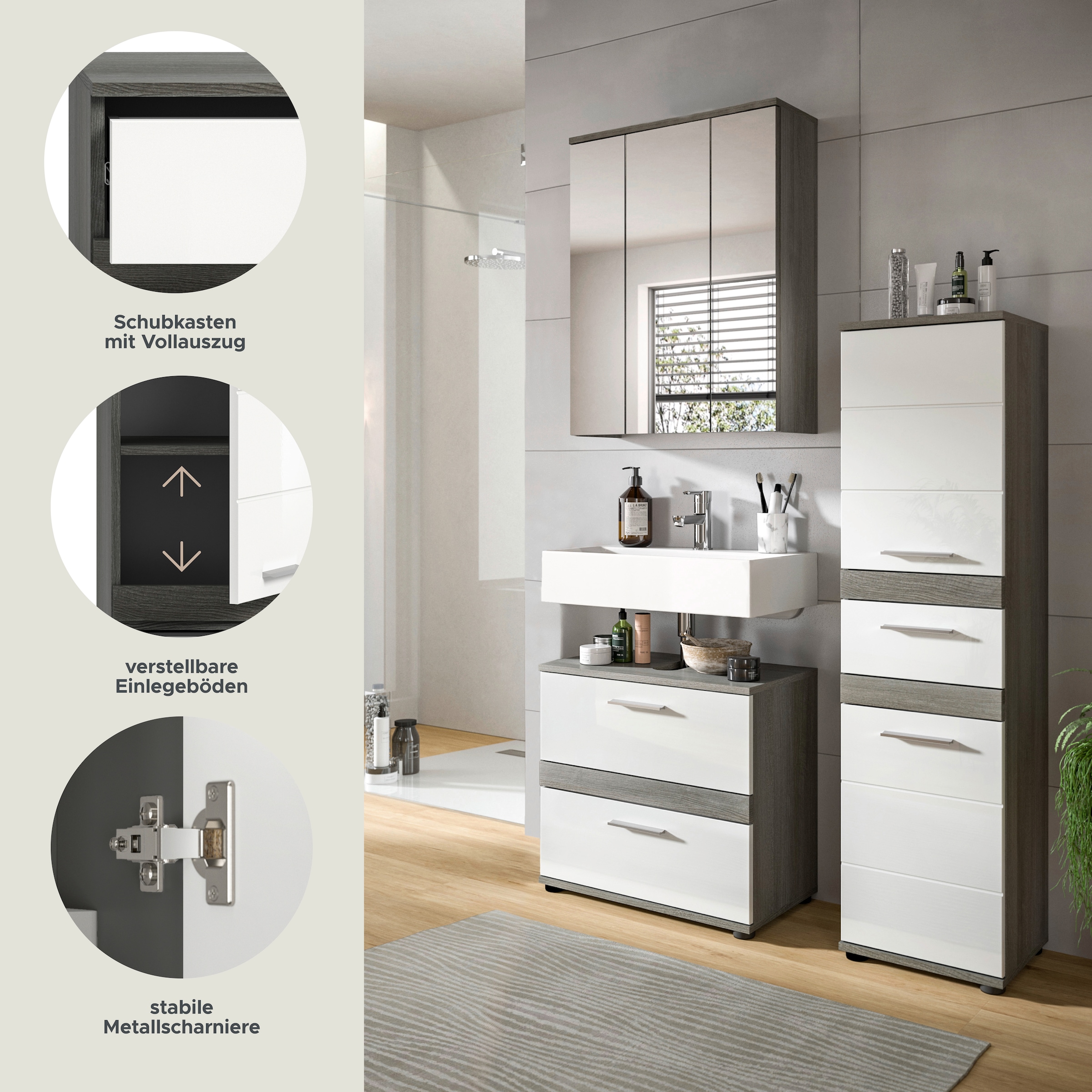 welltime Badmöbel-Set »LUCCA, 3-teilig, TOPSELLER!, hochwertige MDF Front«, (Set, 3 St., best. aus: Waschbeckenunterschrank, Spiegelschrank, Hochschrank), Badkombination, Bad-Möbel, Badezimmer, Kombination, Kombi