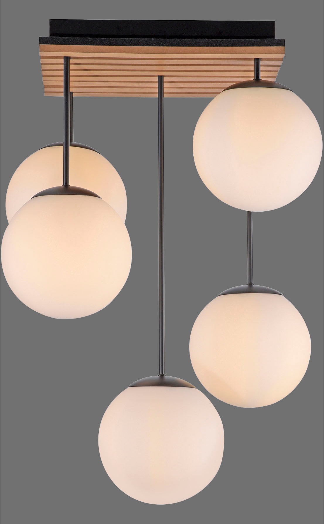 Leonique Deckenleuchte »Erinette Akustikpaneele mit Glaskugeln«, 5 flammig, Leuchtmittel E14 | ohne Leuchtmittel-Leuchtmittel wechselbar, Holz, Akustik, Paneele, Glas, Deckenlampe E14