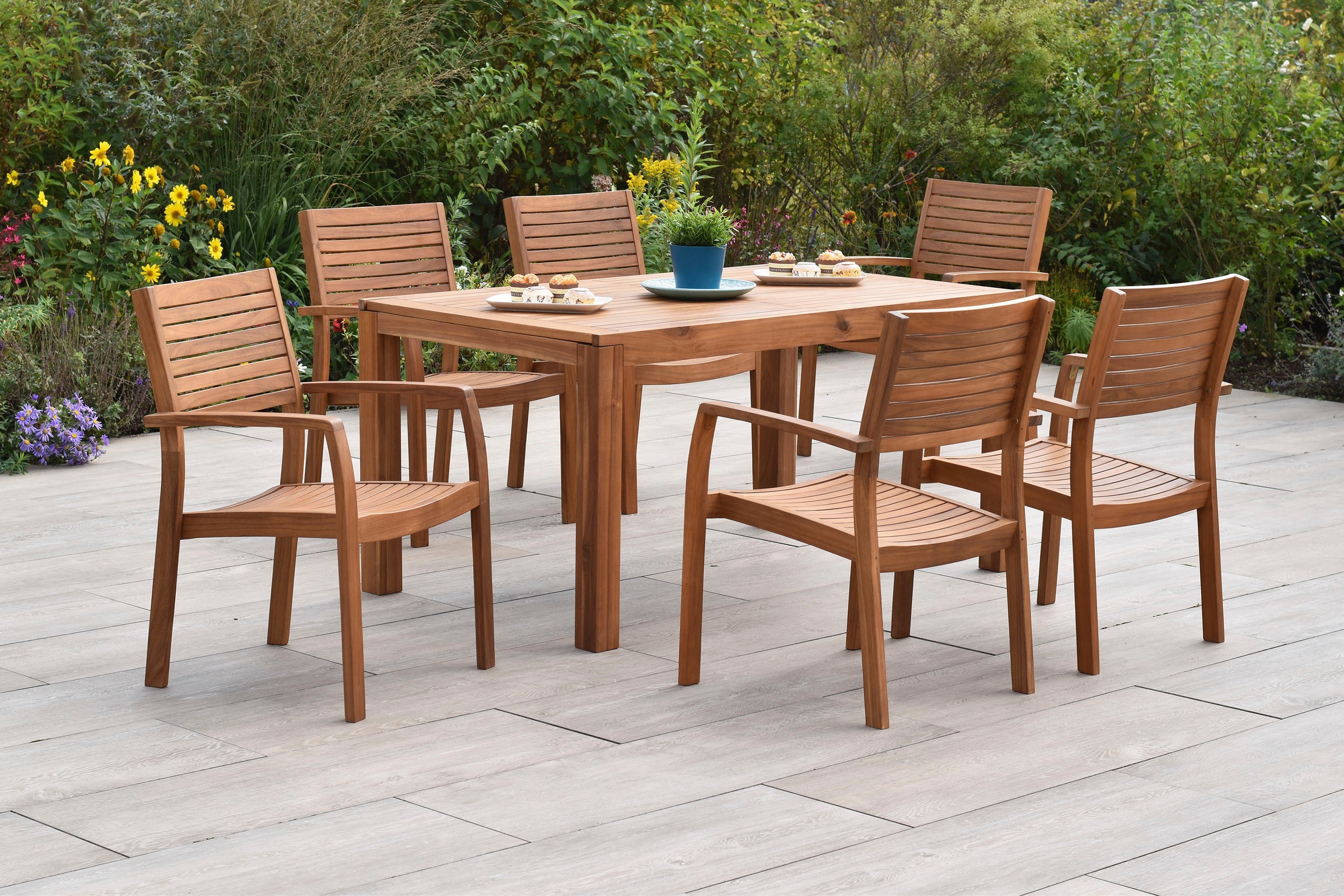 MERXX Garten-Essgruppe »Batavia« Set, 7 tlg. inkl. 6 Stapelsessel, 1 Ausziehtisch