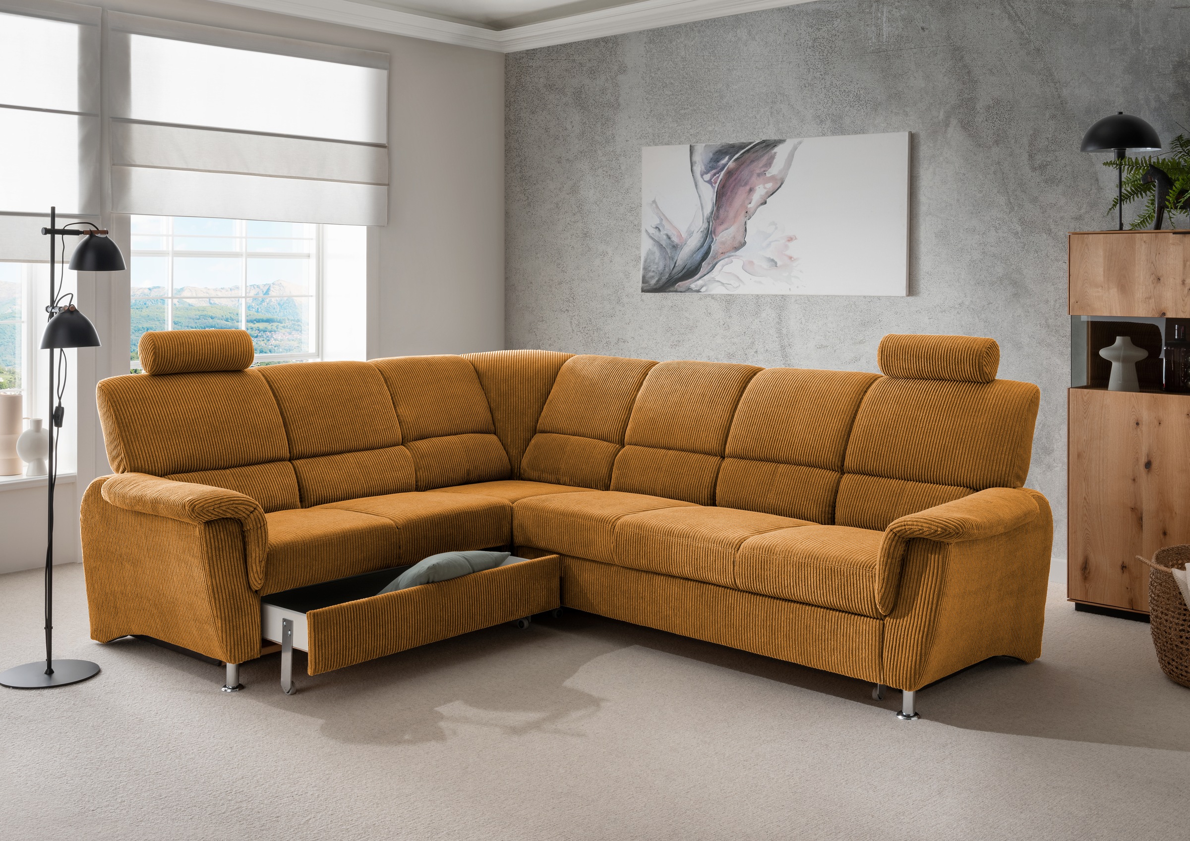 Home affaire Ecksofa »Pisa L-Form, mit Schlaffunktion, Stauraum, 2x höhenverstellbare«, Kopfstützen und Relaxfunktion im Eckelement