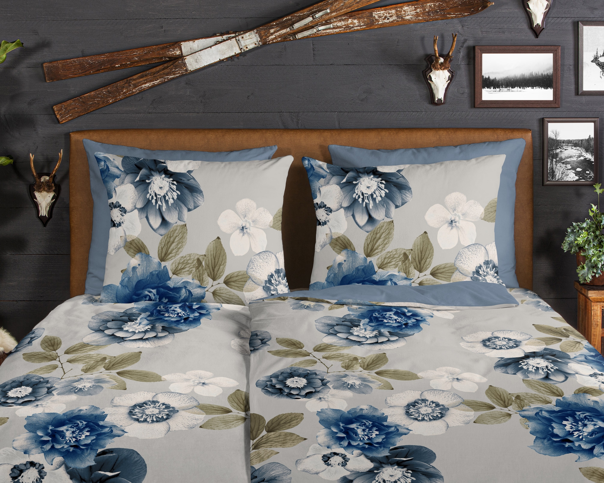 good morning Wendebettwäsche »Gabin«, Flanell, Biber, Winter, Warm, Reißverschluss, Wende, Blumen, Grau Blau