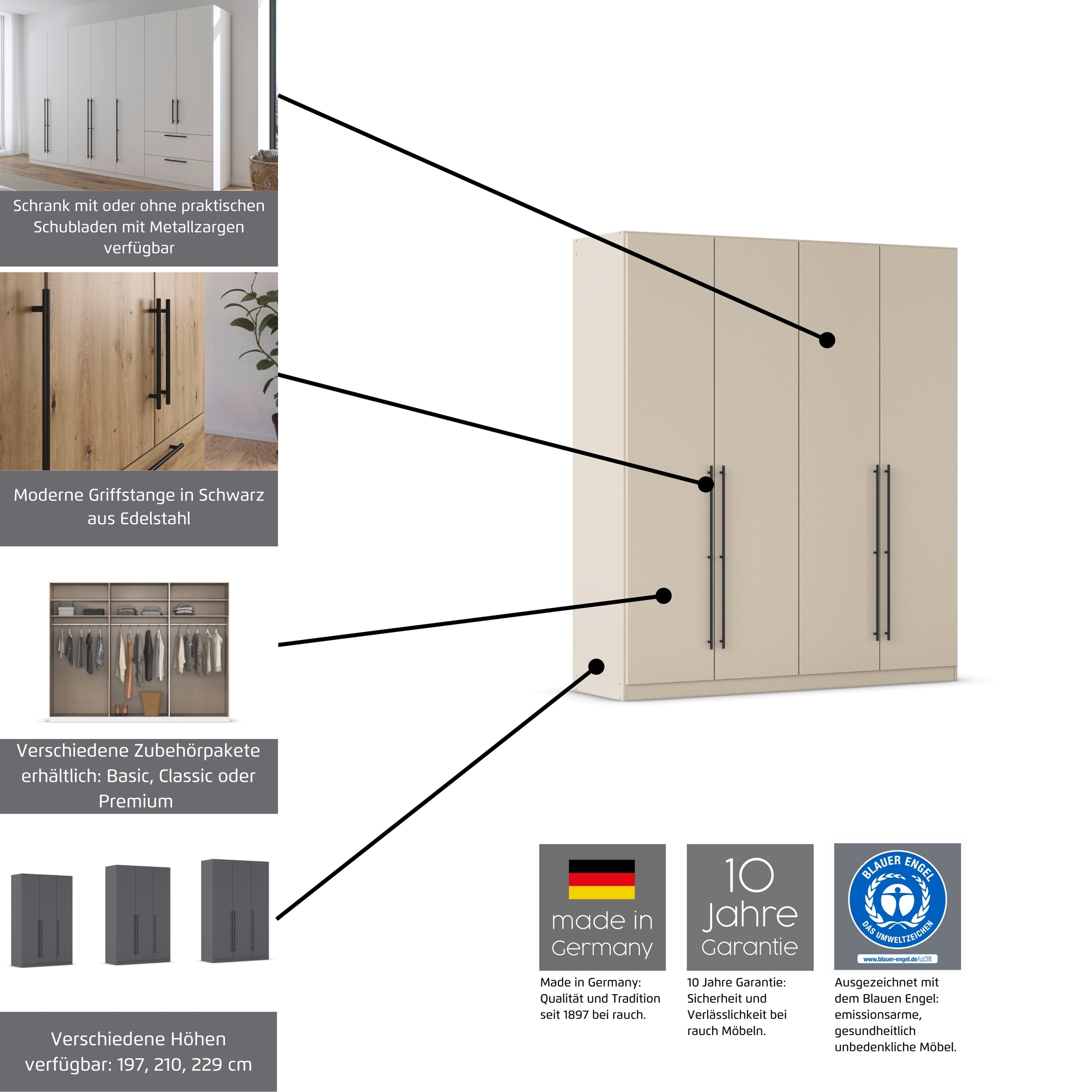 rauch Kleiderschrank »Drehtürenschrank Schrank Garderobe Wäscheschrank Schlafzimmer AVOLA«, (in 3 verschiedenen Ausstattungen BASIC/CLASSIC/PREMIUM), mit hochwertigen Stangengriffen aus Metall in Schwarz MADE IN GERMANY