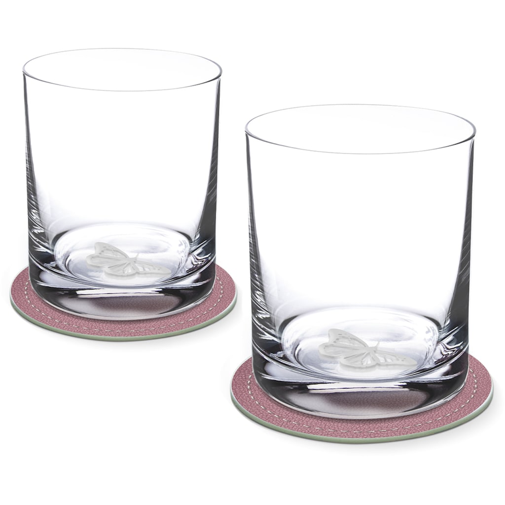 Contento Whiskyglas, (Set, 4 tlg., 2 Whiskygläser und 2 Untersetzer), Schmetterling, 400 ml, 2 Gläser, 2 Untersetzer