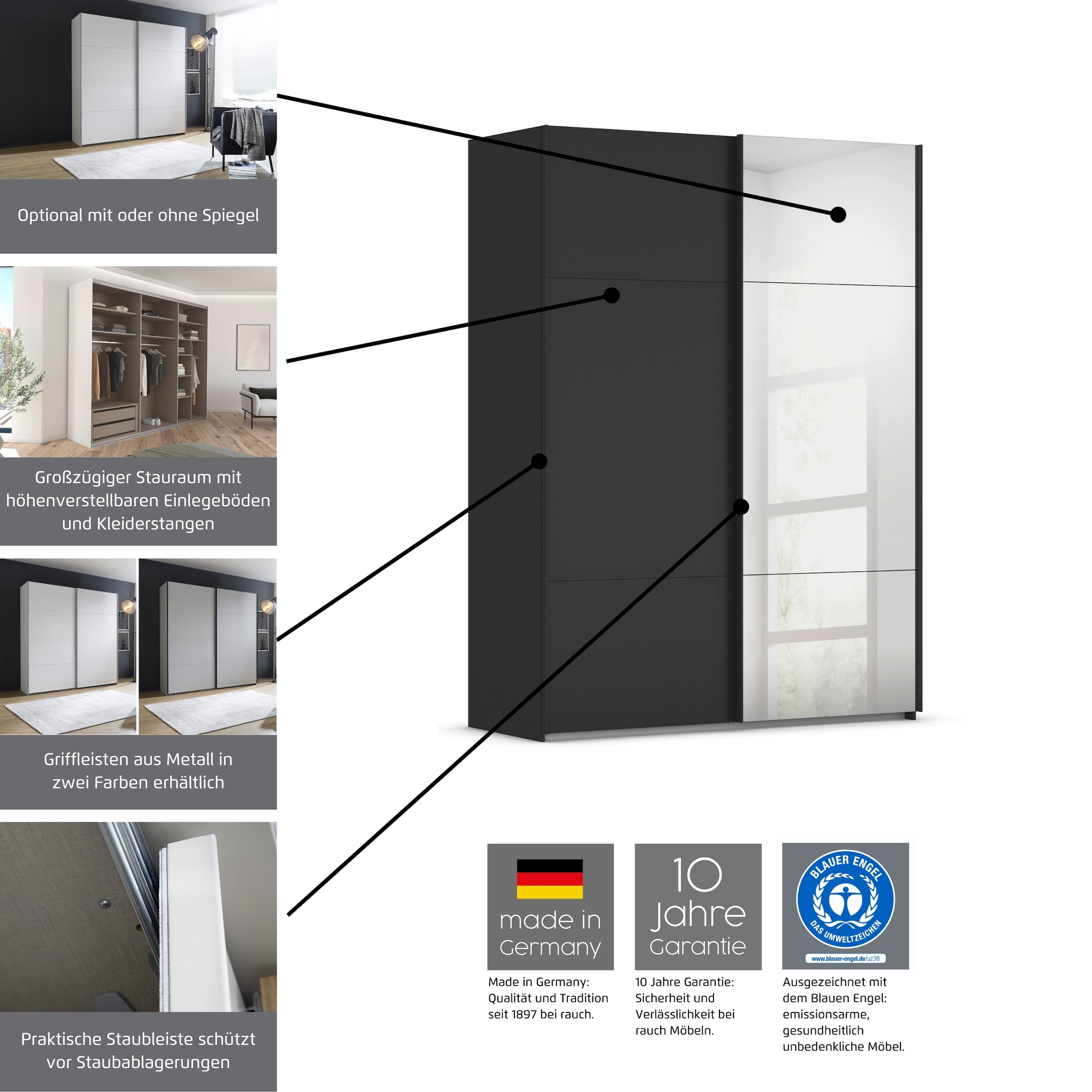rauch Schwebetürenschrank »Kleiderschrank Schrank Garderobe Schlafzimmerschrank CONTIDO«, (in 3 verschiedenen Ausstattungen BASIC/CLASSIC/PREMIUM), aus hochwertigem Material in 6 Breiten 2 Griff-Farben MADE IN GERMANY