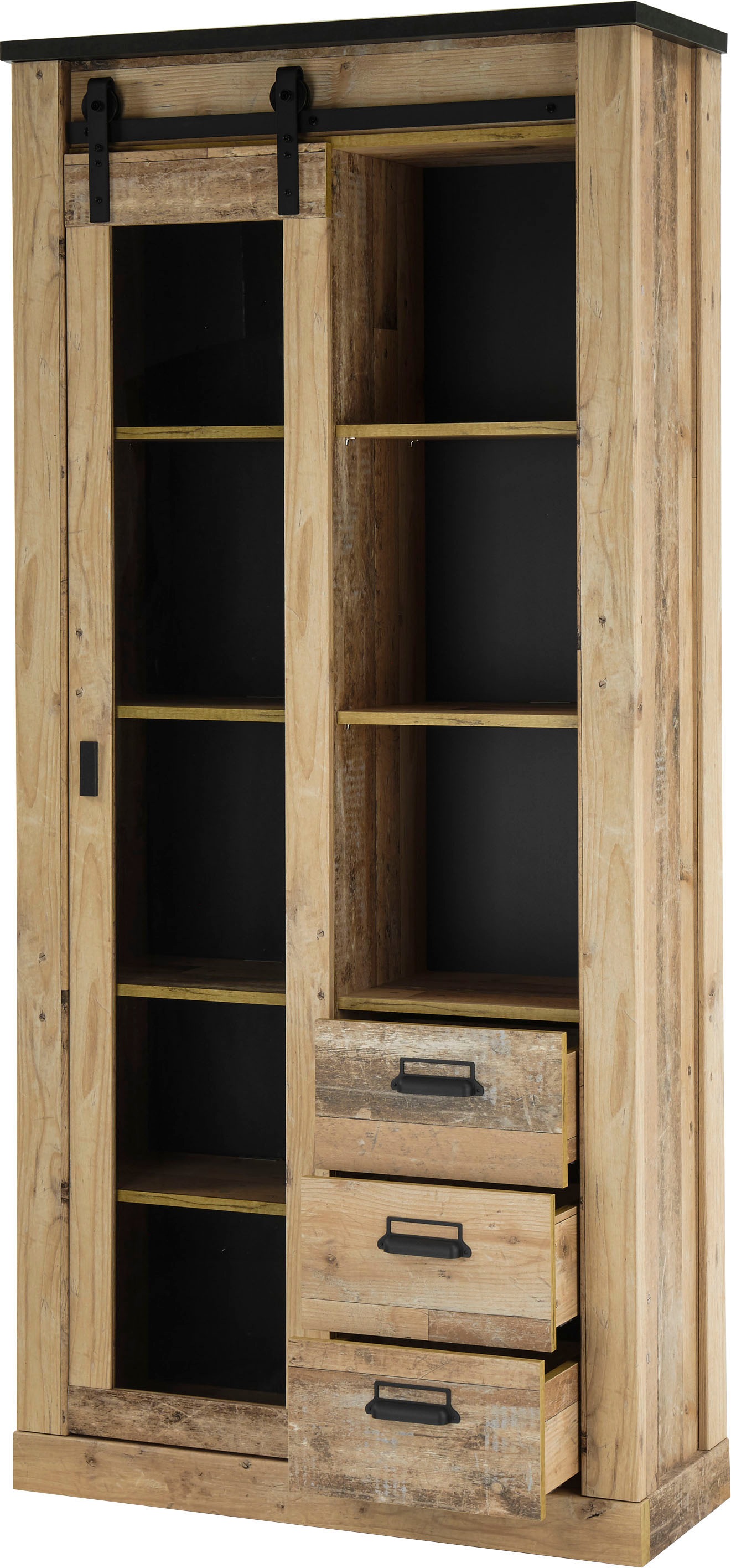 Home affaire Wohnwand »SHERWOOD«, (3 St.), Scheunentorbeschlag und Apothekergriffe aus Metall, Höhe 201 cm