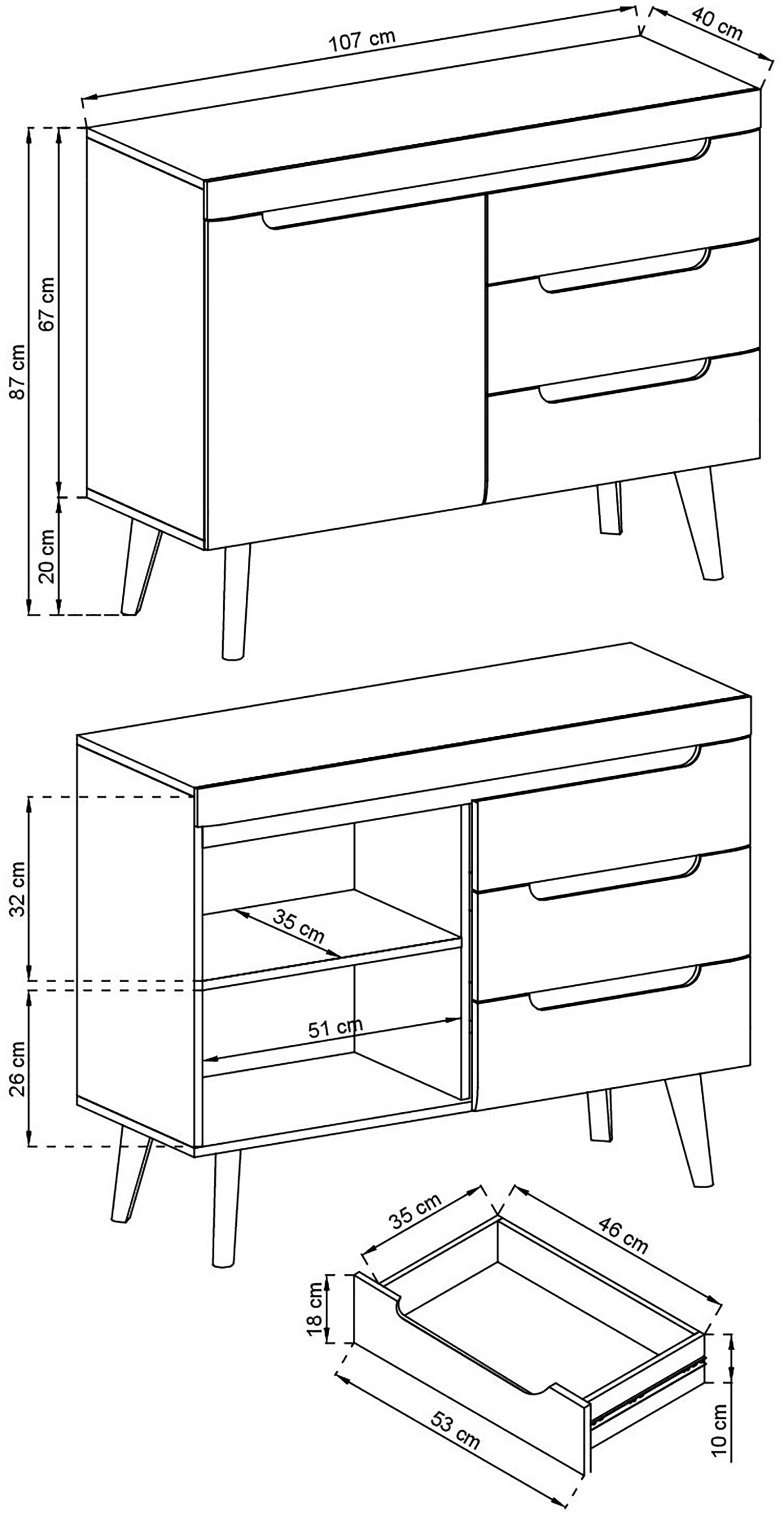 INOSIGN Sideboard »Torge, Anrichte, Kommode, Schubladenschrank«, (1 St.), abgeschrägte Füße, drei Farben, Scandi Design, 107 cm breit