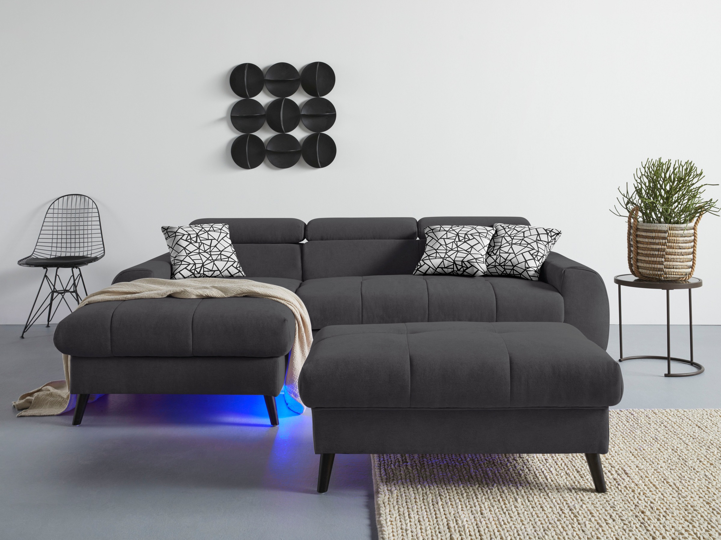 COTTA Ecksofa »Mia L-Form mit 3 Zierkissen«, wahlweise mit Bettfunktion, Bettkasten, Beleuchtung & Wireless-Charger