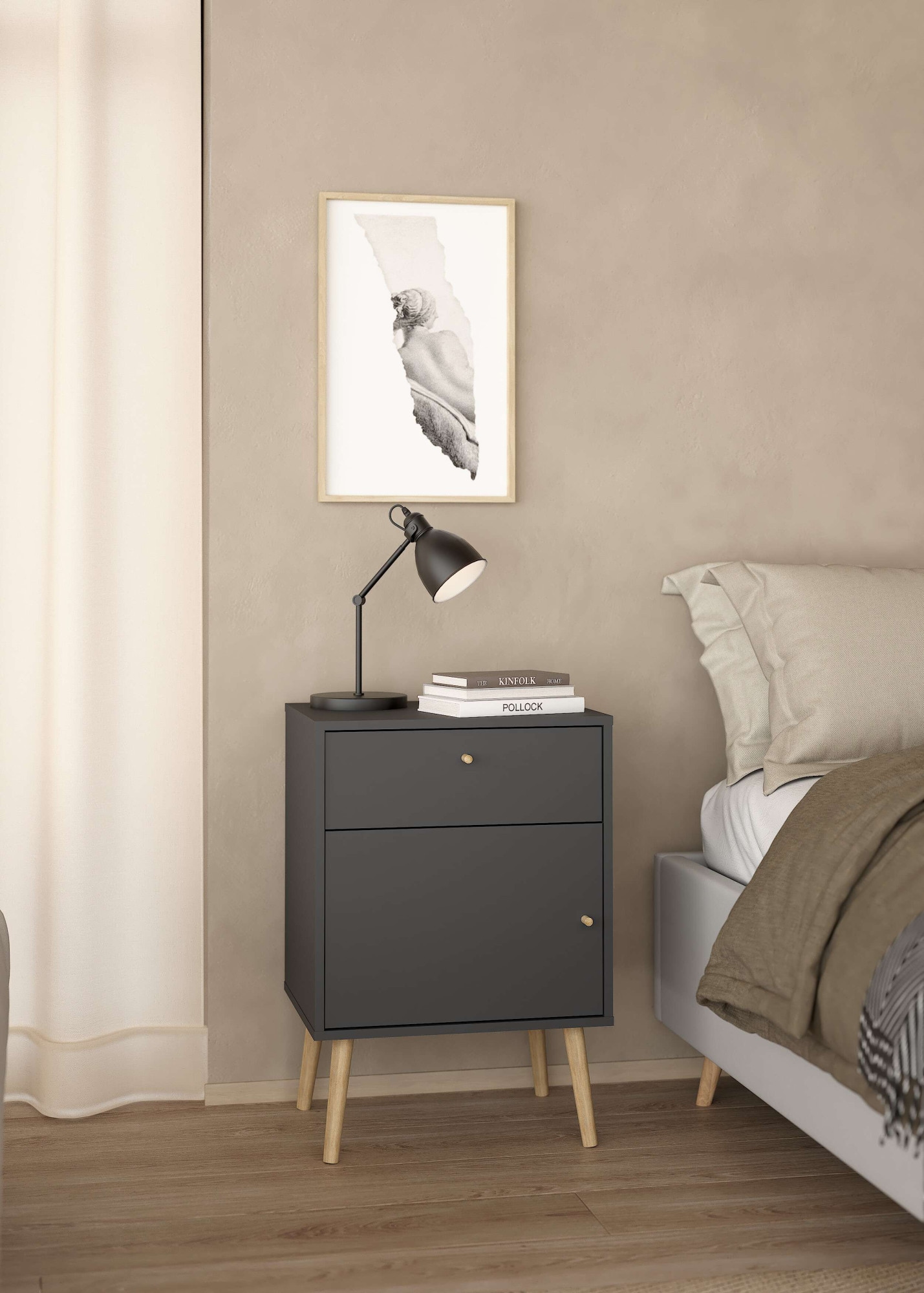 andas Nachtkommode »Bodo, Nachttisch, Nachtschrank, Beistelltisch,«, 1 Tür, 1 Schublade, Beine und Griffe aus Massivholz, Breite 50 cm
