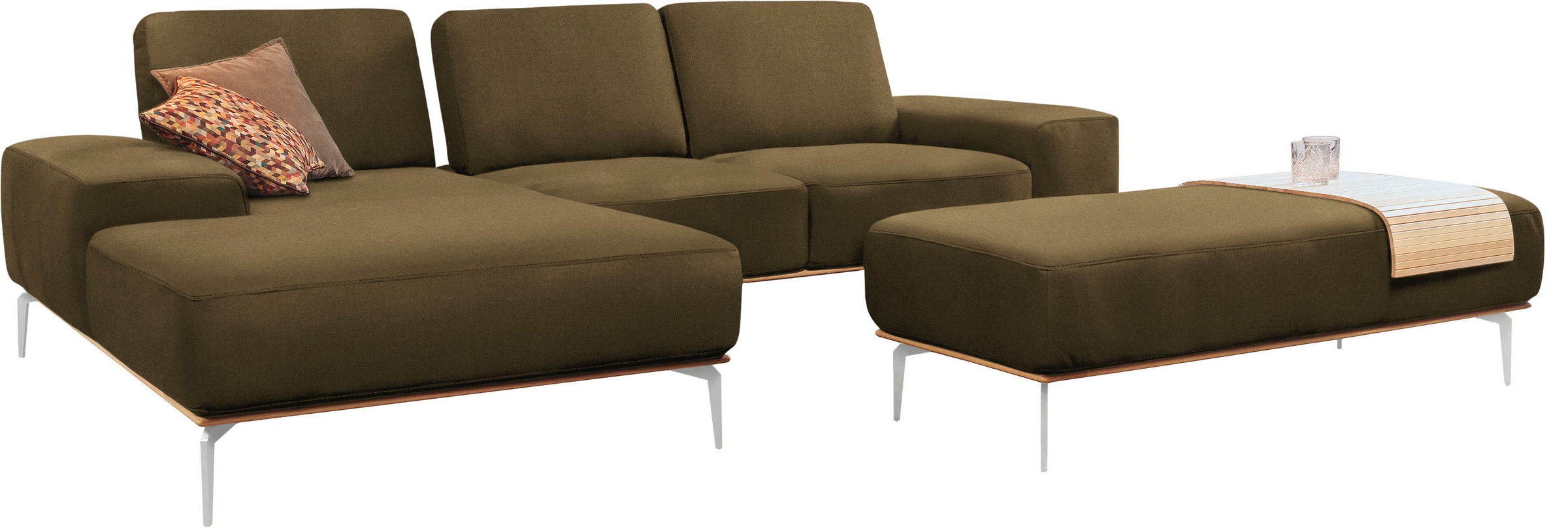W.SCHILLIG Ecksofa »run, Designsofa mit tollem Sitzkomfort, L-Form«, mit elegantem Holzsockel, Füße in Chrom glänzend, Breite 279 cm