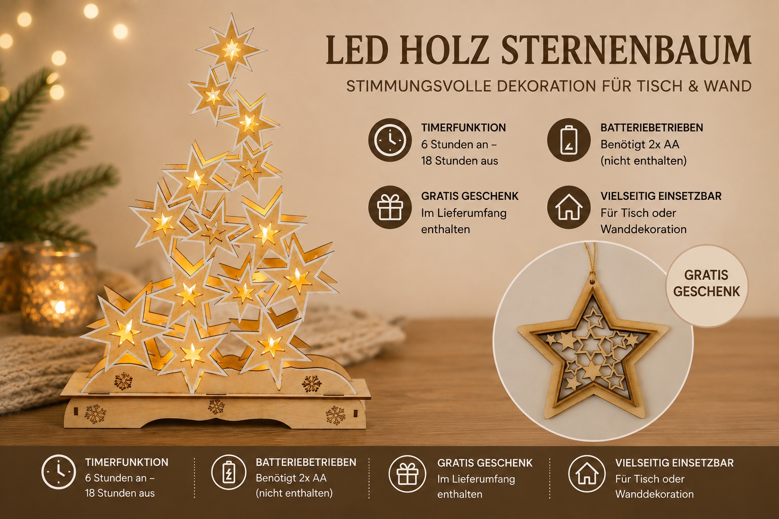 OTTO home LED Dekoobjekt »Holzdekoration Weihnachten, 1 Stück« 1 Stk. Warmweiß Gratis-Hänger, 6h-Timer,Höhe 21 cm
