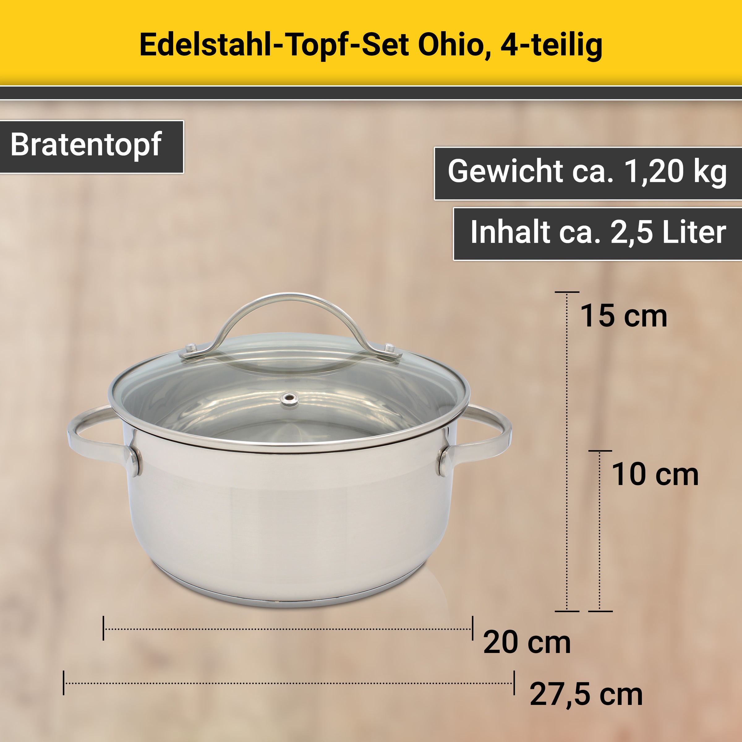 Krüger Topf-Set »Ohio«, Edelstahl, (Set, 7 tlg., Bratentopf Ø 20 cm, Fleischtopf Ø 16/20 cm, Stielkasserolle Ø 16 cm), für Induktions-Kochfelder geeignet