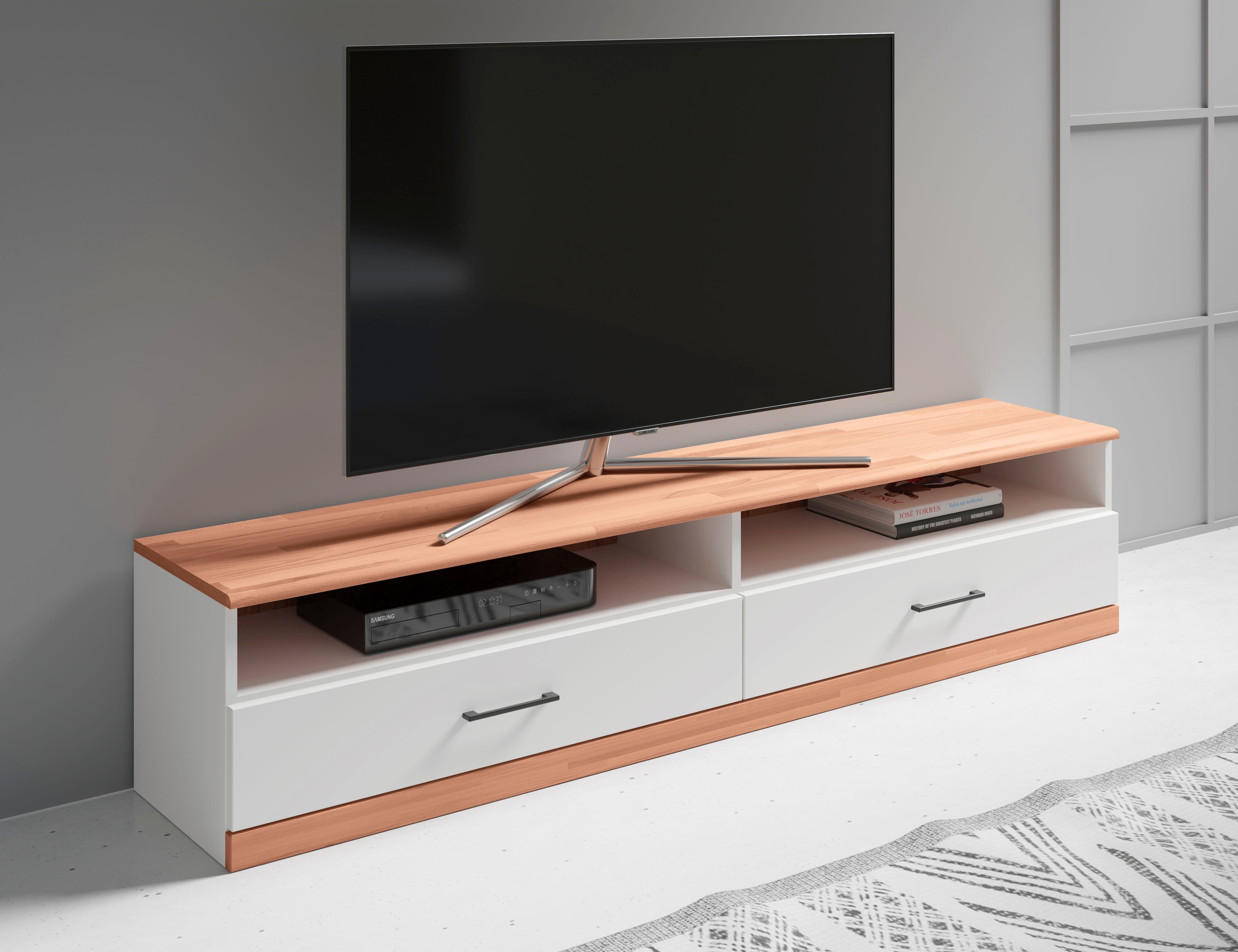 Home affaire Lowboard »Ribe,140cm breit,38cm hoch mit 2 Klappen,Oberplatte aus Massivholz«, Oberplatte Kernbuche massiv,schwarze Metall Griffe
