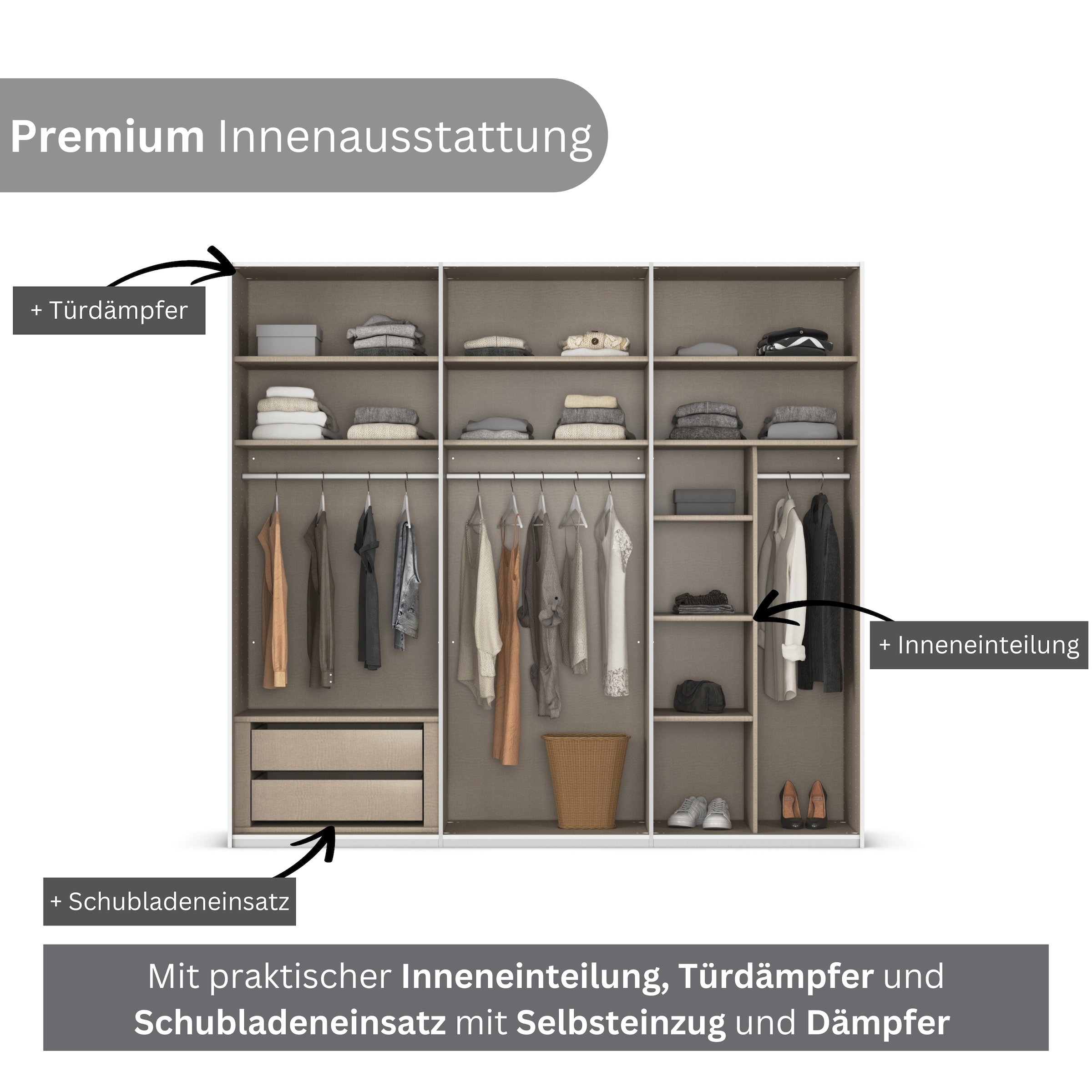 rauch Schwebetürenschrank »Kleiderschrank Schrank Garderobe Schlafzimmerschrank CONTIDO«, (in 3 verschiedenen Ausstattungen BASIC/CLASSIC/PREMIUM), aus hochwertigem Material in 6 Breiten 2 Griff-Farben MADE IN GERMANY
