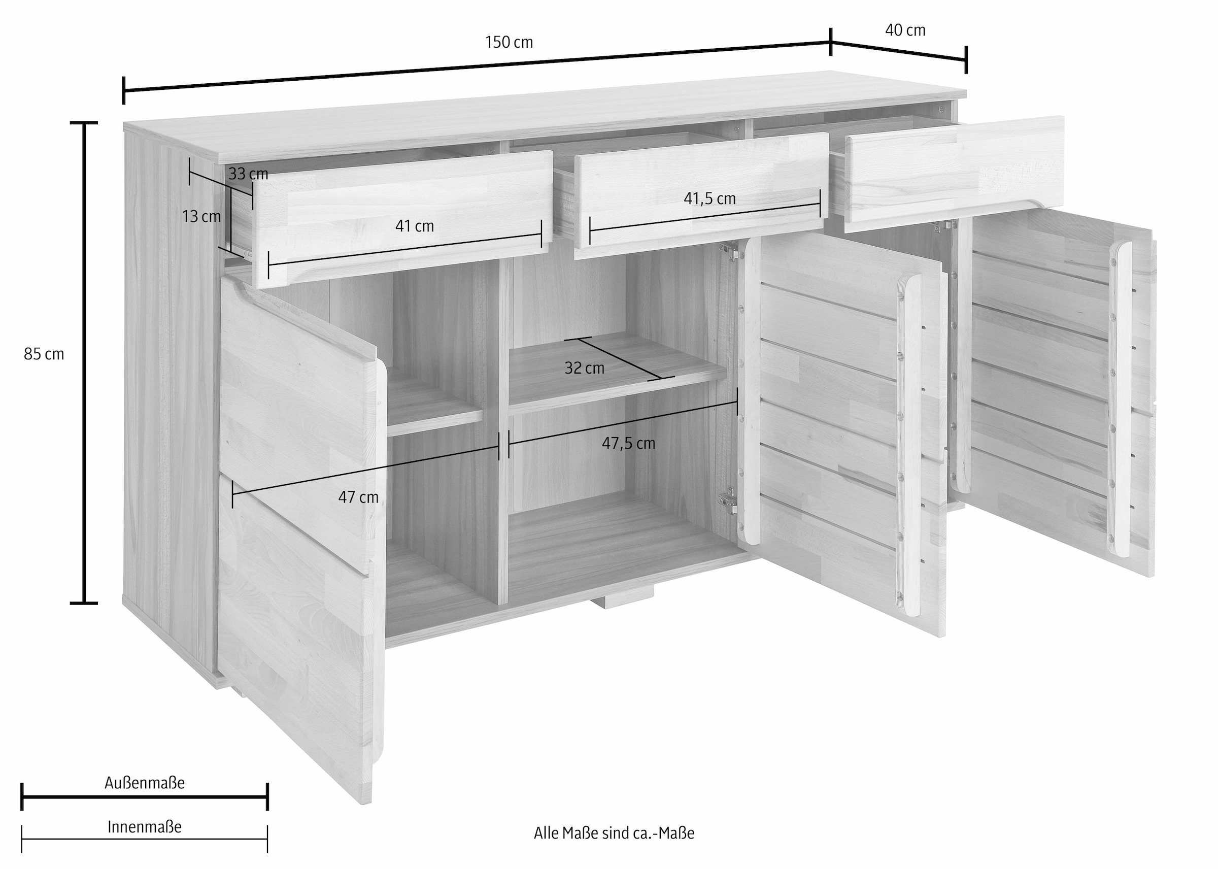 Home affaire Sideboard »Vetro,150cm breit,40 cm tief, Fronten Massivholz,6 Fächer«, Kernbuche massiv, Holzwerkstoff, 3Türen,3 Schubladen, Griffmulden