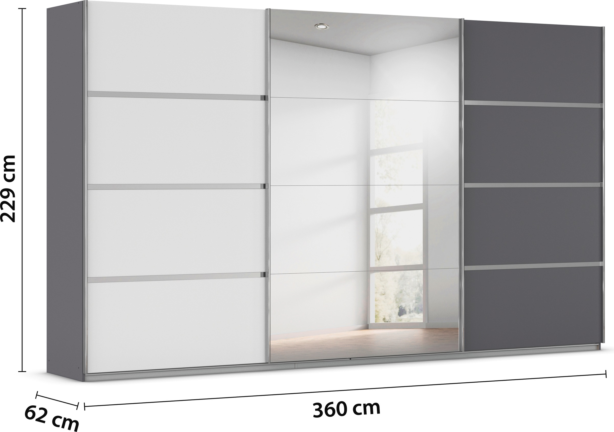 rauch Kleiderschrank »Schwebetürenschrank OTTO´s Choice Garderobe Schrank TOP ANGEBOT Avola«, (in 3 verschiedenen Ausstattungen BASIC/CLASSIC/PREMIUM inkl. Spiegel), mit eleganten Zierleisten in Chrom, Schwarz oder Weiß MADE IN GERMANY