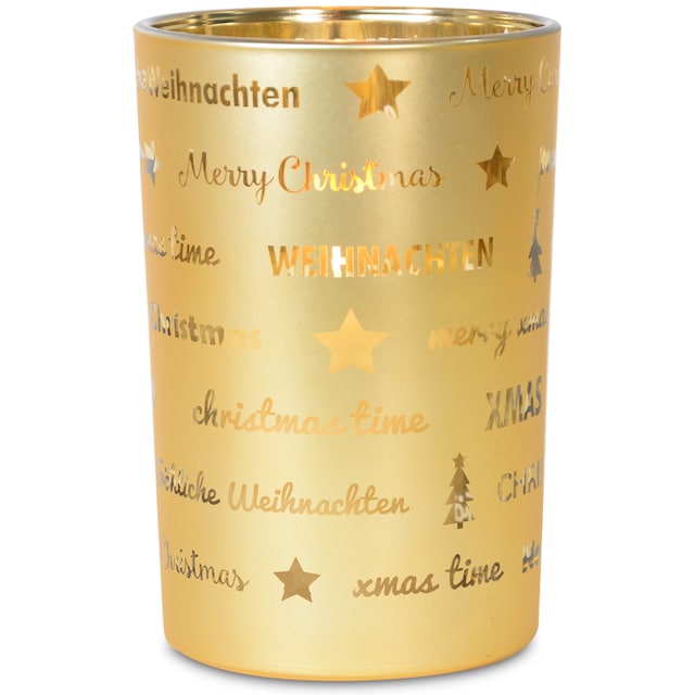 RIFFELMACHER & WEINBERGER Windlicht »Fröhliche Weihnachten, Weihnachtsdeko«,  mit besonderem Schriftzug. aus Glas, Höhe 18 cm, Teelichthalter online bei