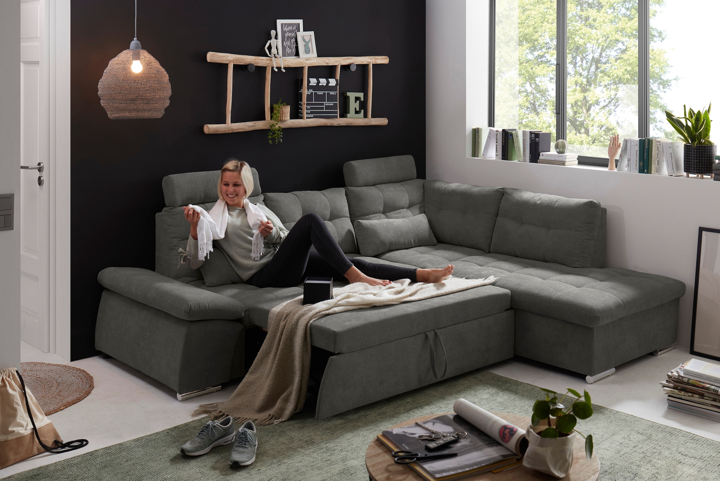 ED EXCITING DESIGN Ecksofa »Nalo L-Form« mit Bettfunktion, Armteilverstellung, Kopfstützen & 2 Nierenkissen