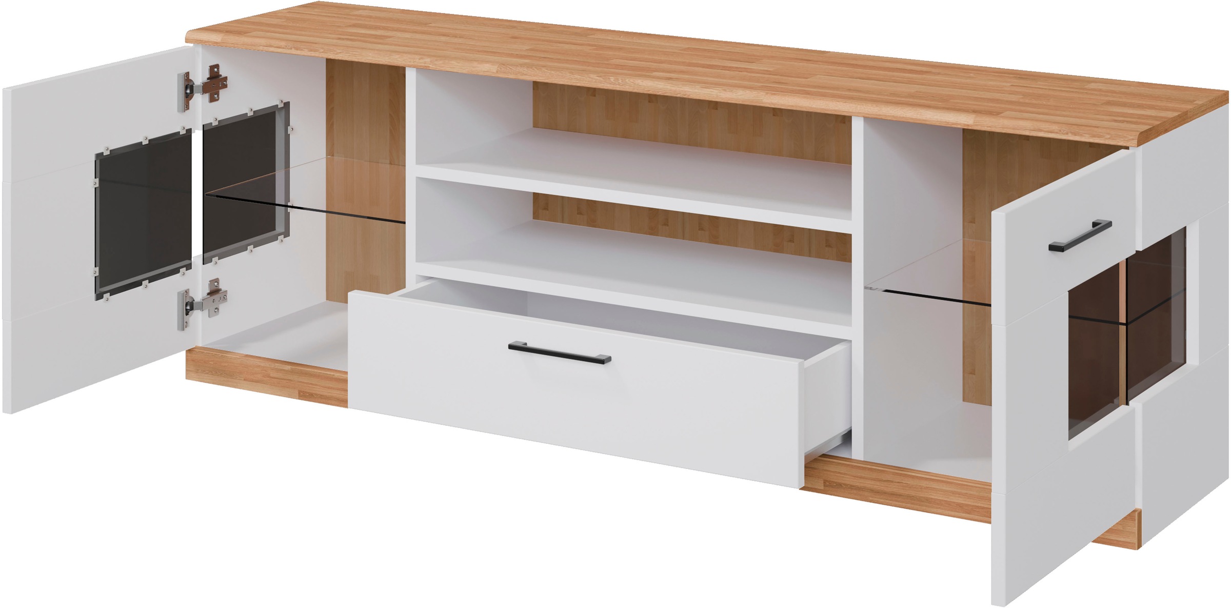Home affaire Lowboard »Ribe,160cm breit,55cm hoch«, Oberplatte Massivholz,schwarze Metall Griffe,2 Türen mit Glaseinsatz