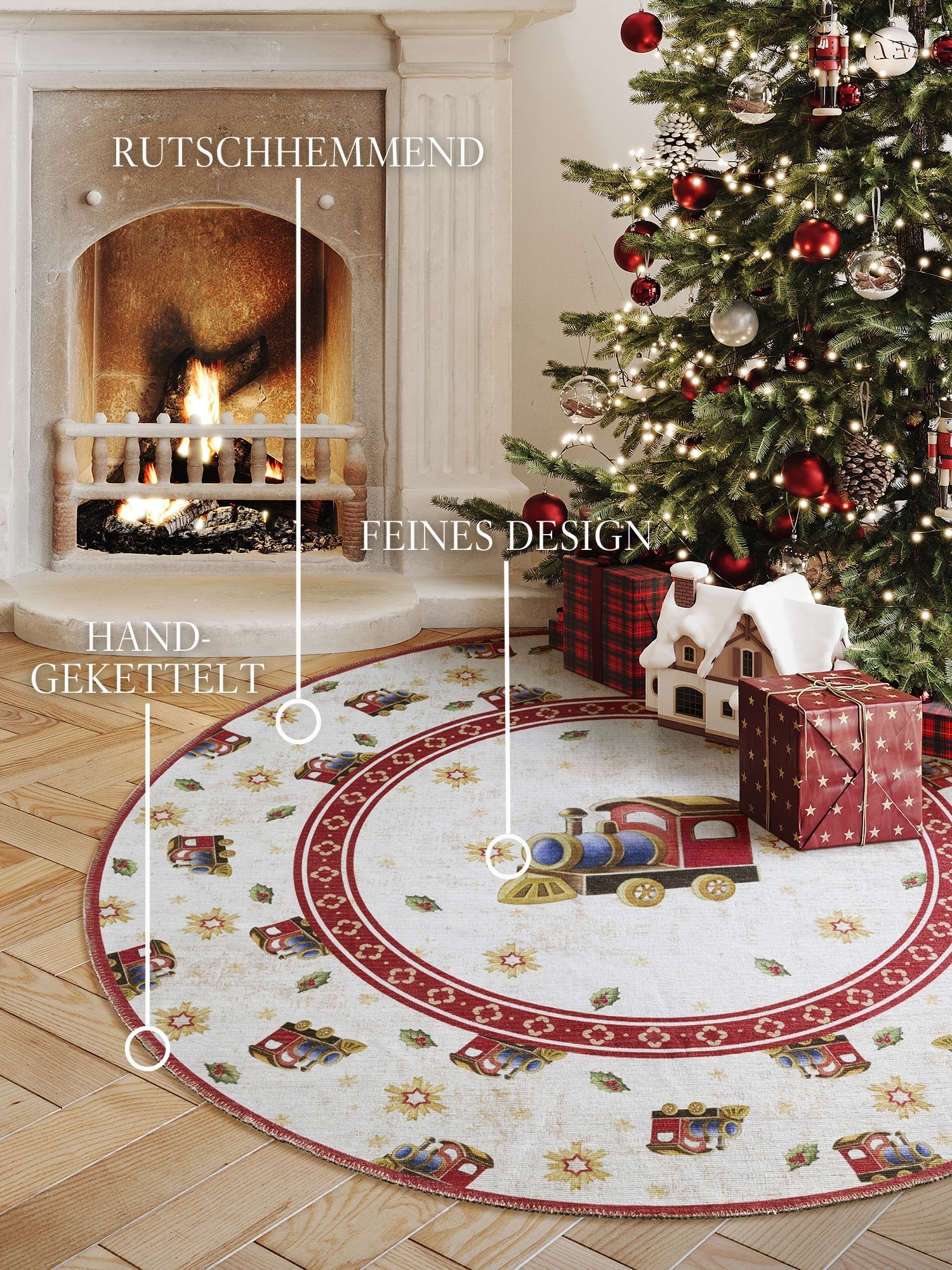 Villeroy & Boch Teppich »Toy's Deleight Limited Edition Christmas Train«, rund, 3 mm Höhe, Limited Edition, Weihnachten, Wohnzimmer, Baumrock, Waschbar, Rund