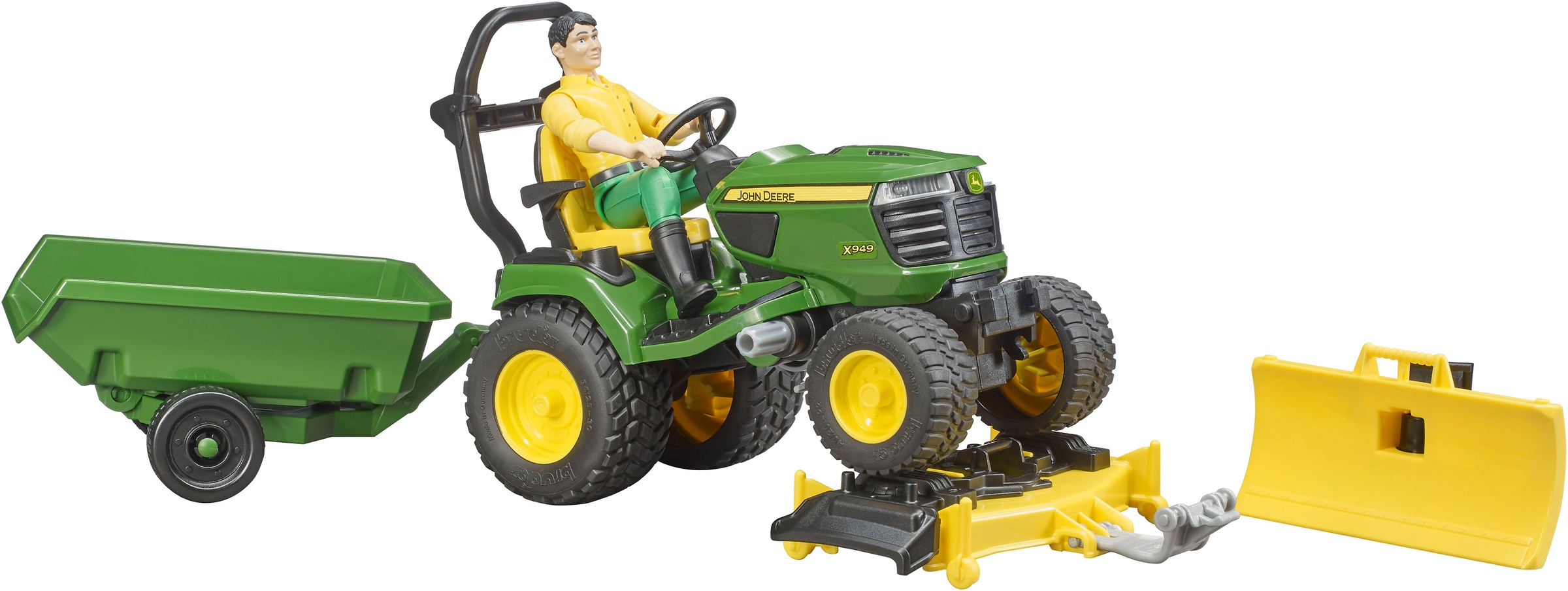 Bruder® Spielzeug-Traktor »bworld John Deere Aufsitzrasenmäher mit Anhänger und Gärtner (62104)« Made in Europe