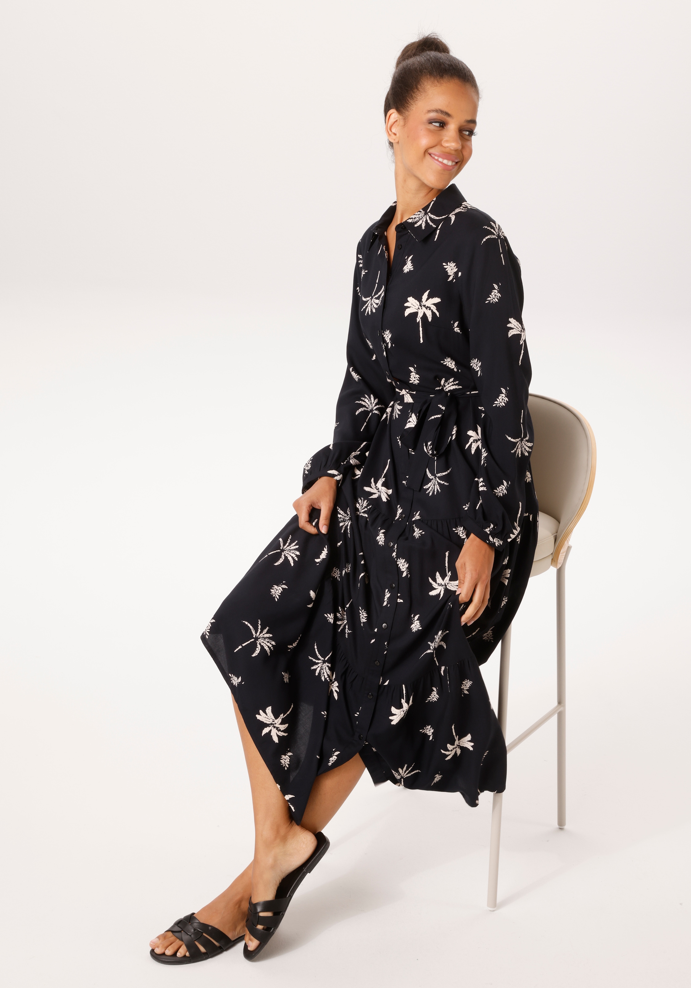 Aniston CASUAL Maxikleid mit abnehmbarem Bindeband,  mit Palmen bedruckt - jedes Teil ein Unikat