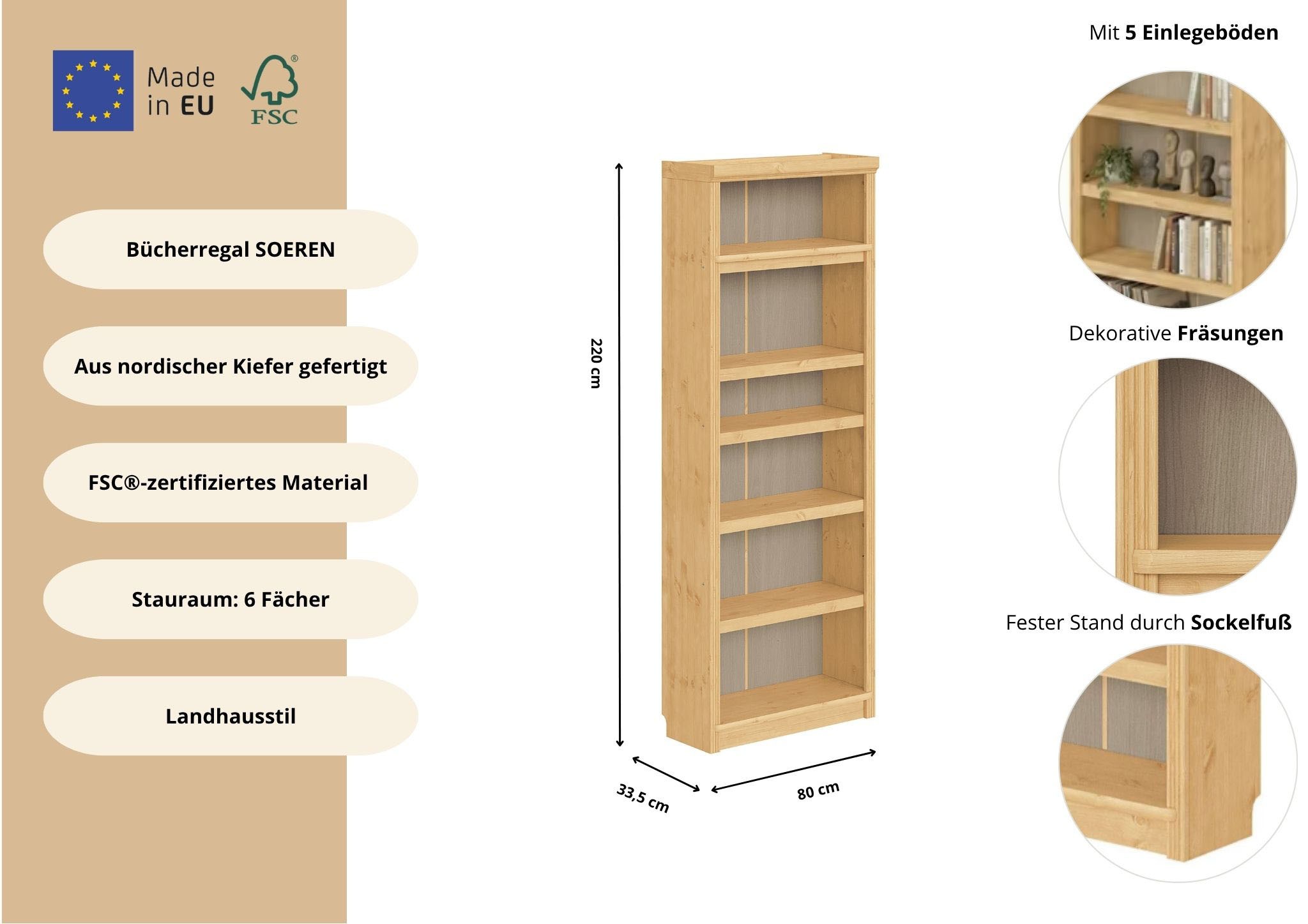 OTTO home Bücherregal »Soeren Regal B/T/H: 80/33,5/220 cm, mit 6 Fächern« massive Kiefer, FSC®-zertifizier