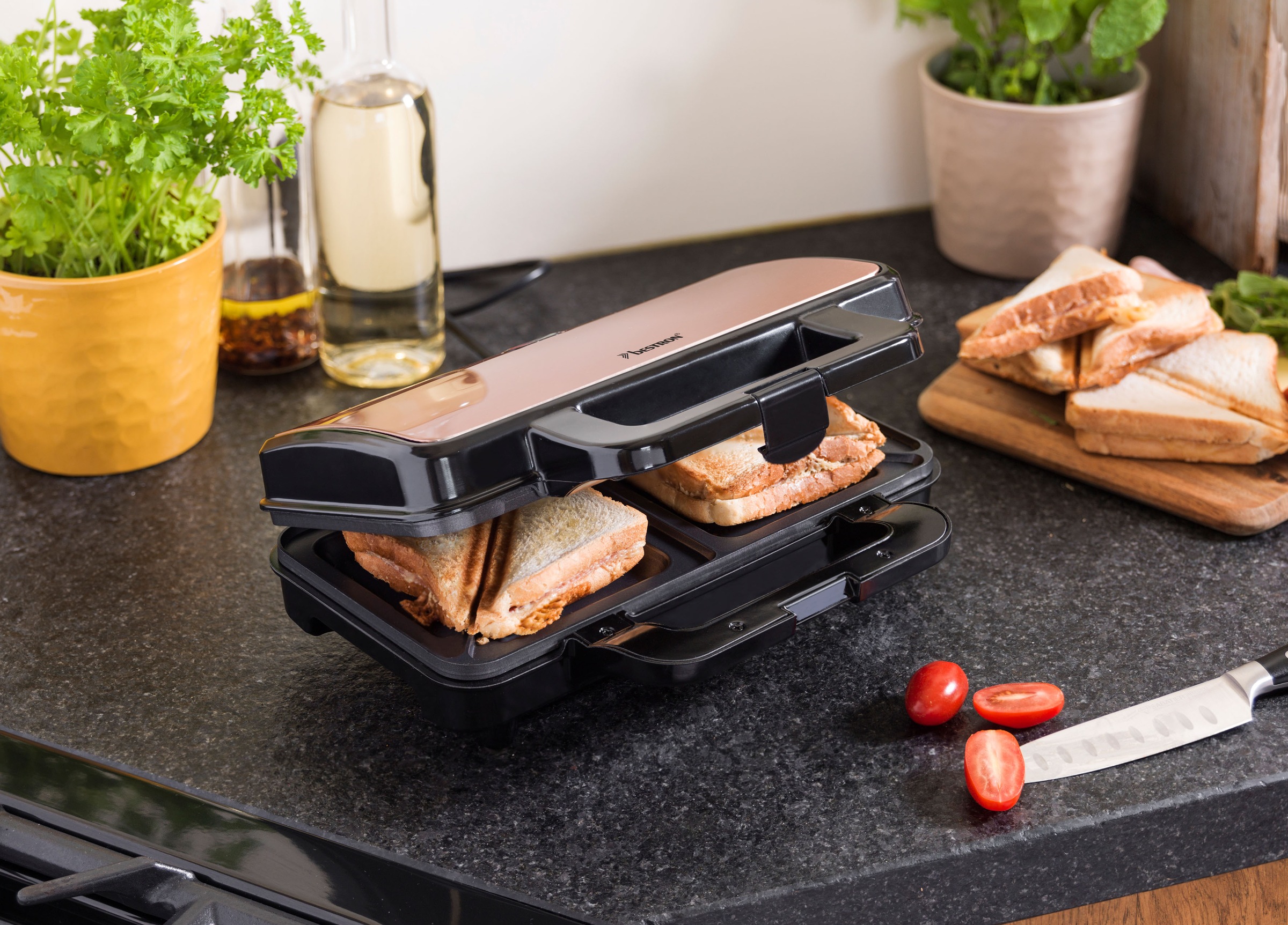 bestron Sandwichmaker »ASM90XLCO XL Sandwich-Toaster«, 900 W, antihaftbeschichtet, für 2 Sandwiches, Schwarz/Kupfer