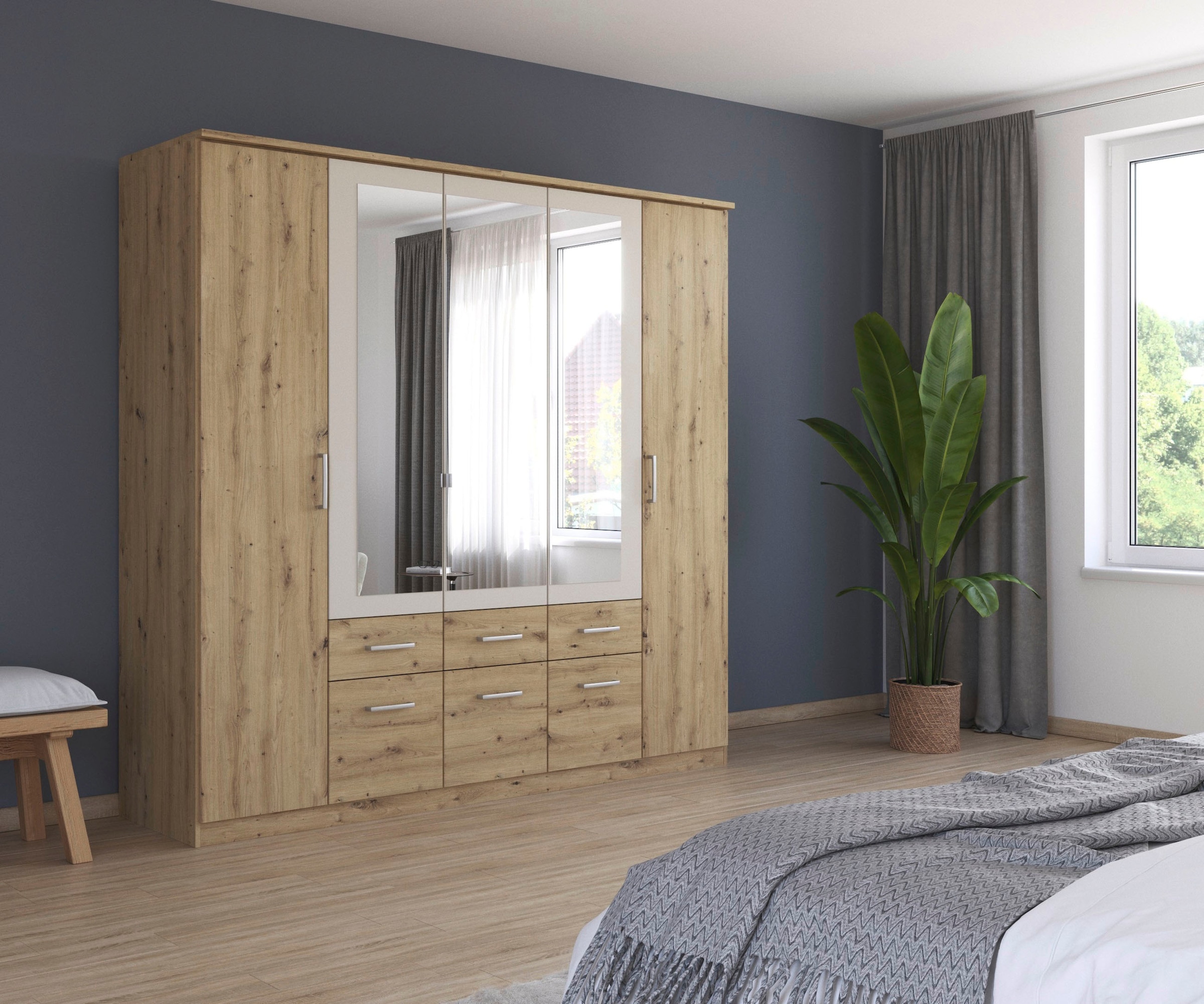 rauch Kleiderschrank »Drehtürenschrank Schrank Garderobe BURANO«, mit Schubladen und Spiegelumrandung in Farbabsetzung MADE IN GERMANY
