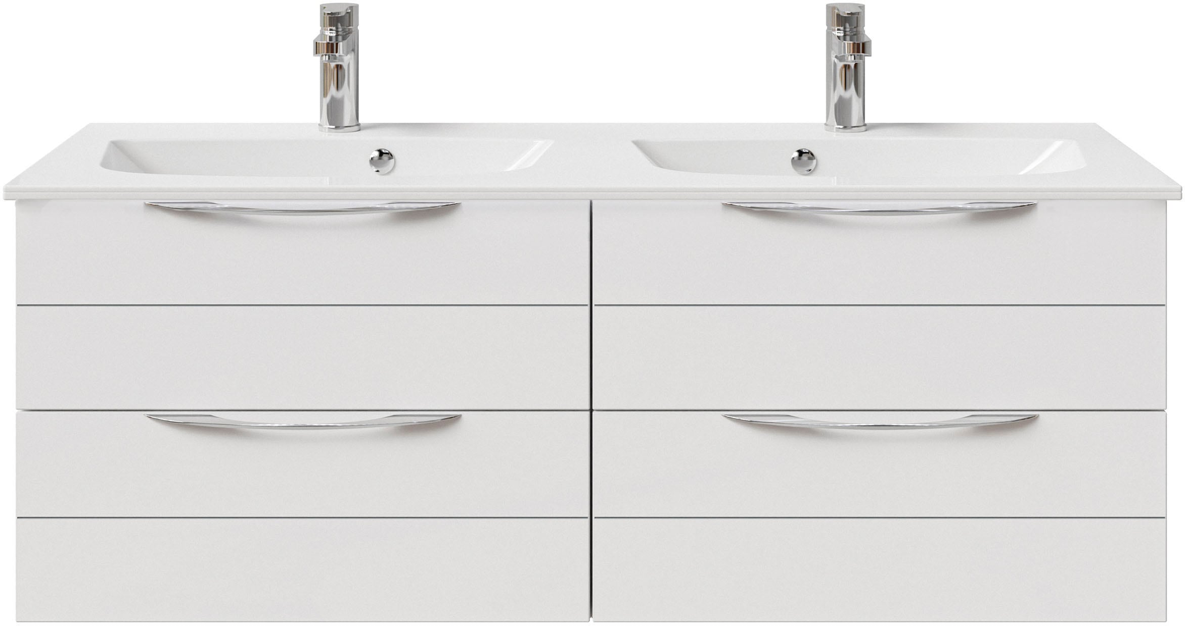 Saphir Badmöbel-Set »Serie 6025 2-teilig Mineralmarmor-Waschtisch mit LED-Spiegelschrank«, (2 St.), Waschplatz 132cm breit, 4 Schubladen, 2 Spiegel-Türen, inkl Türdämpfer