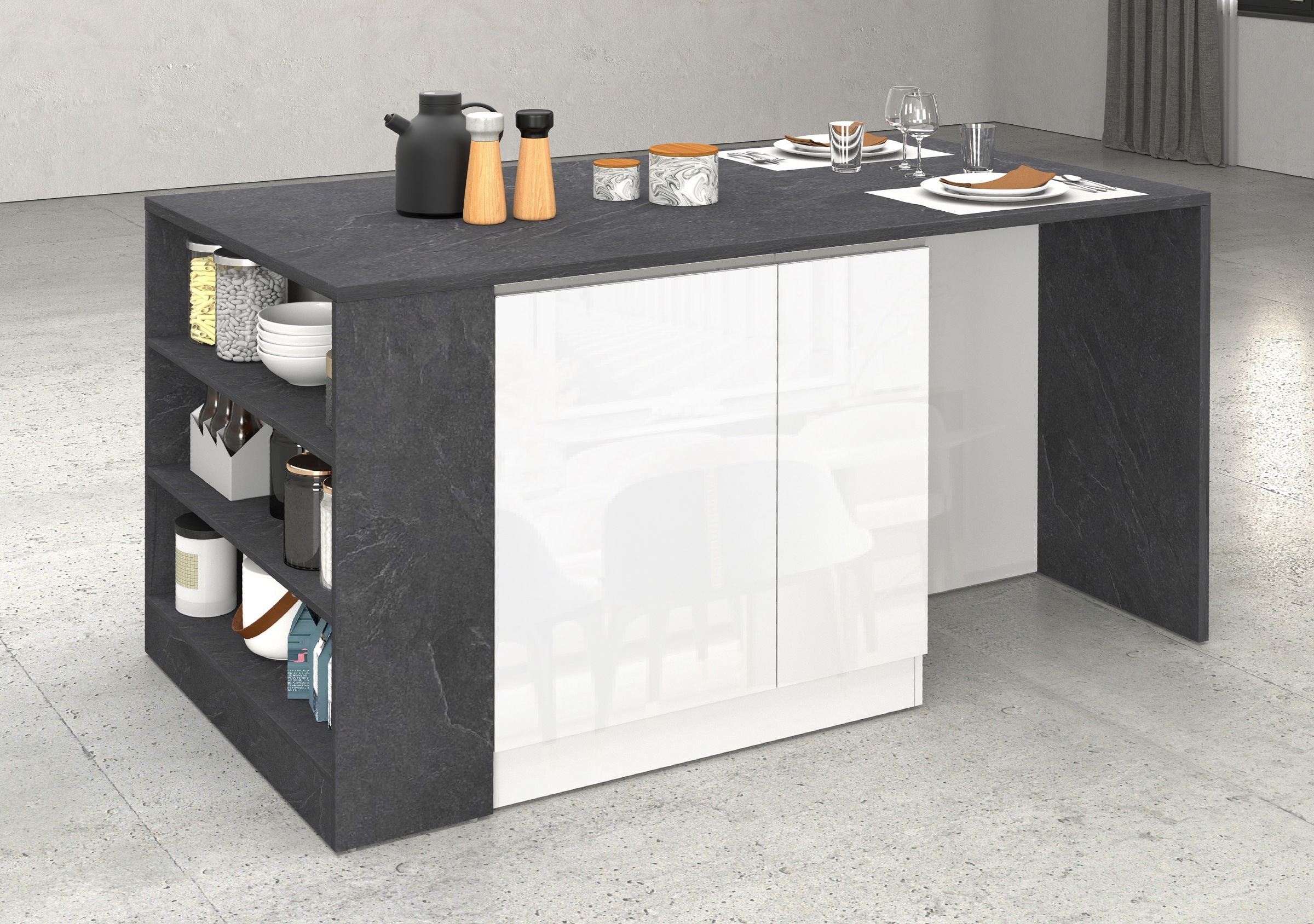 KOCHSTATION Kücheninsel »KS-Sole, Kochinsel, Küchenarbeitsblock, Arbeitsinsel, Made in Italy« Breite 167,5 cm, 2 Apothekerauszüge, 2 Essplätze, 1 offenes Regal