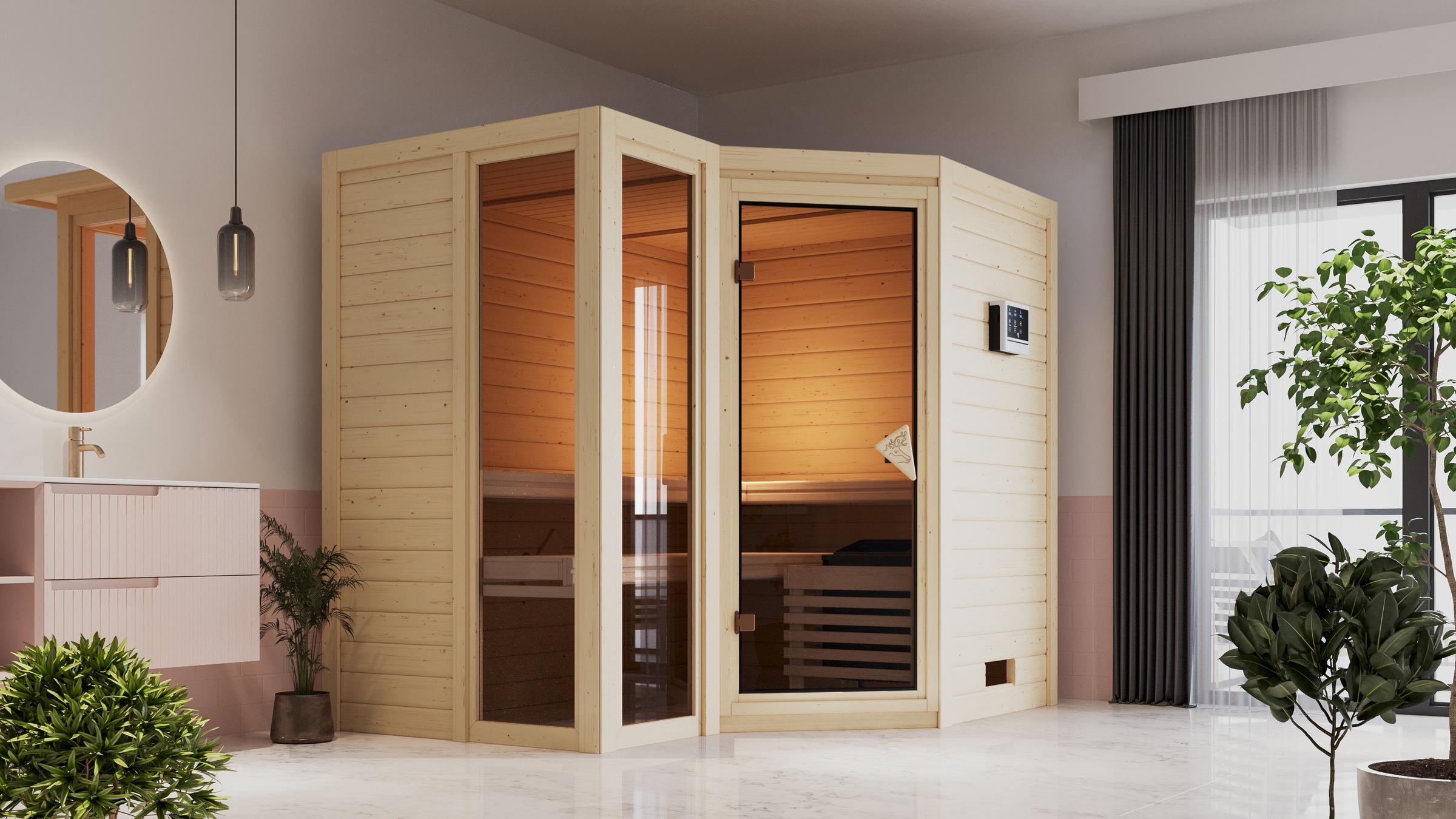 KARIBU Sauna »Amada« Set, Ofen 9 kW Bio externe Strg easy naturbelassen