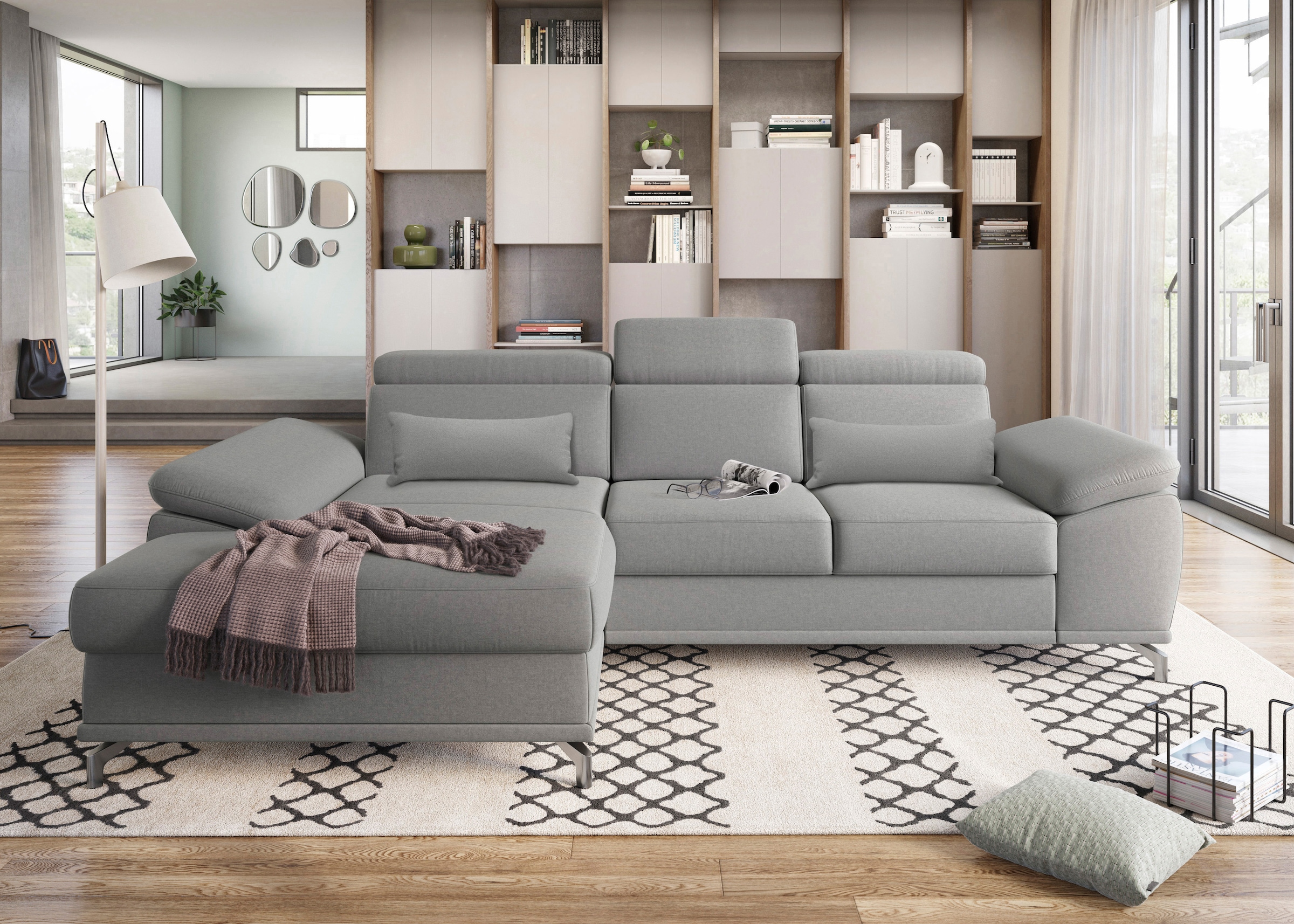 sit&more Ecksofa »Cabrio L-Form, mit Sitztiefenverstellung, Arm- und Kopfteilverstellung«, 2 Nierenkissen, Federkern, optional Bettfunktion und Stauraum