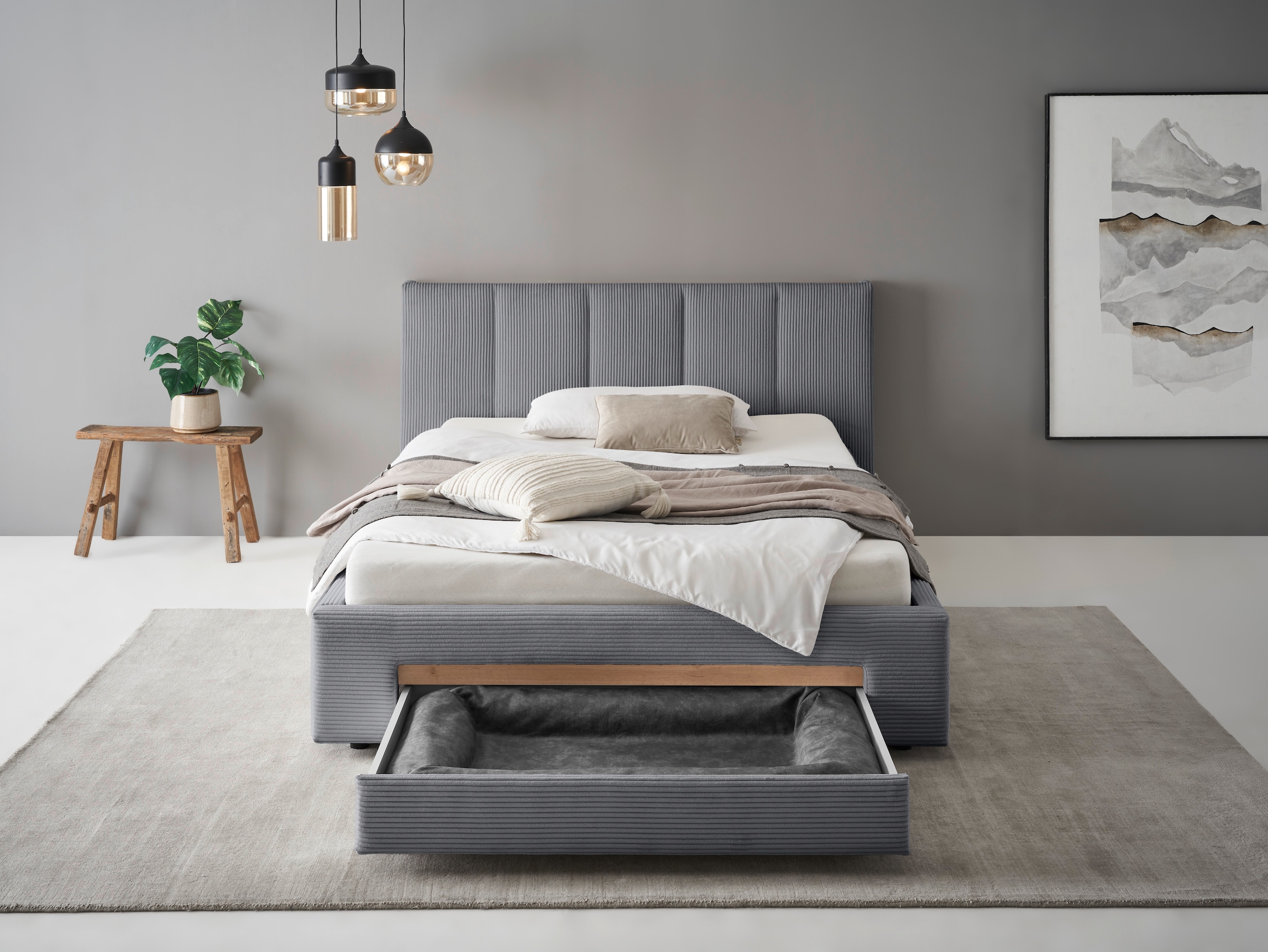 INOSIGN Polsterbett »CiTY/GiRON, Bettgestell mit Bettkasten, gepolstertes Stauraumbett«, mit Hundebett oder Stauraumschublade, Bezug Cord-oder Leinenoptik