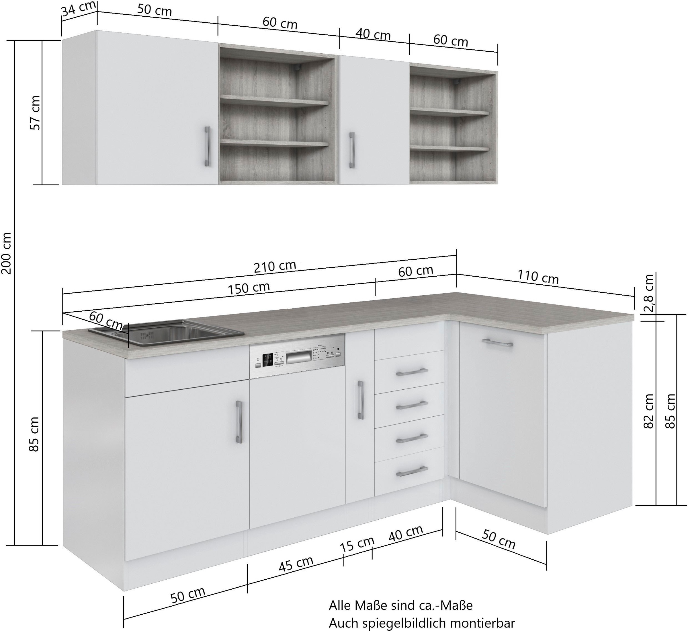 HELD MÖBEL Küche »Mali«, Stellbreite 210/110 cm, mit E-Geräten
