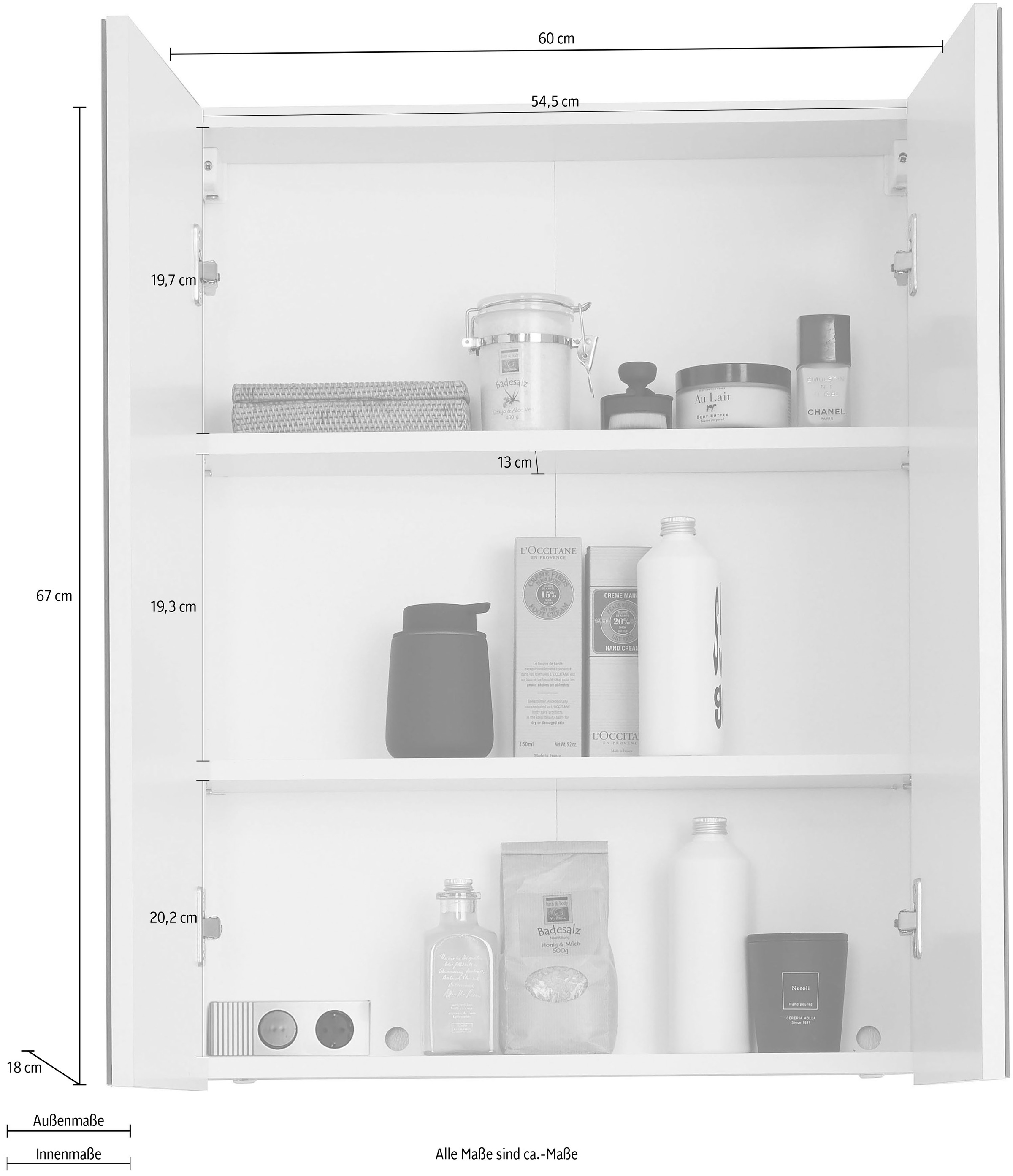 INOSIGN Spiegelschrank »Sovana«, Badschrank wahlweise mit oder ohne Beleuchtung - (B/T/H) 60/18/67 cm