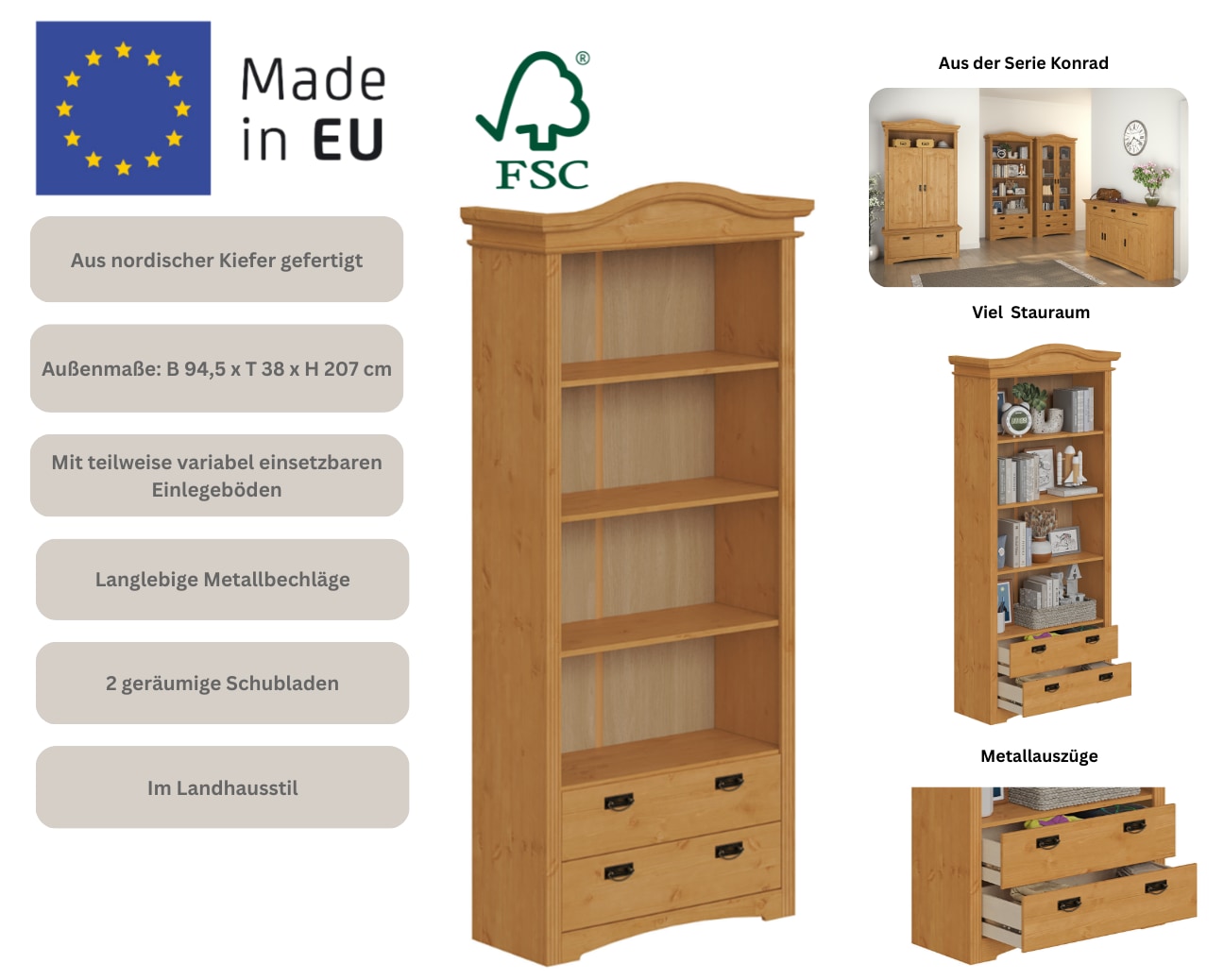 Home affaire Regal »Konrad, Standregal, Bücherregal, Stauraum« aus massiver Kiefer, Breite 94 cm, Höhe 208 cm, mit Schubladen, FSC®