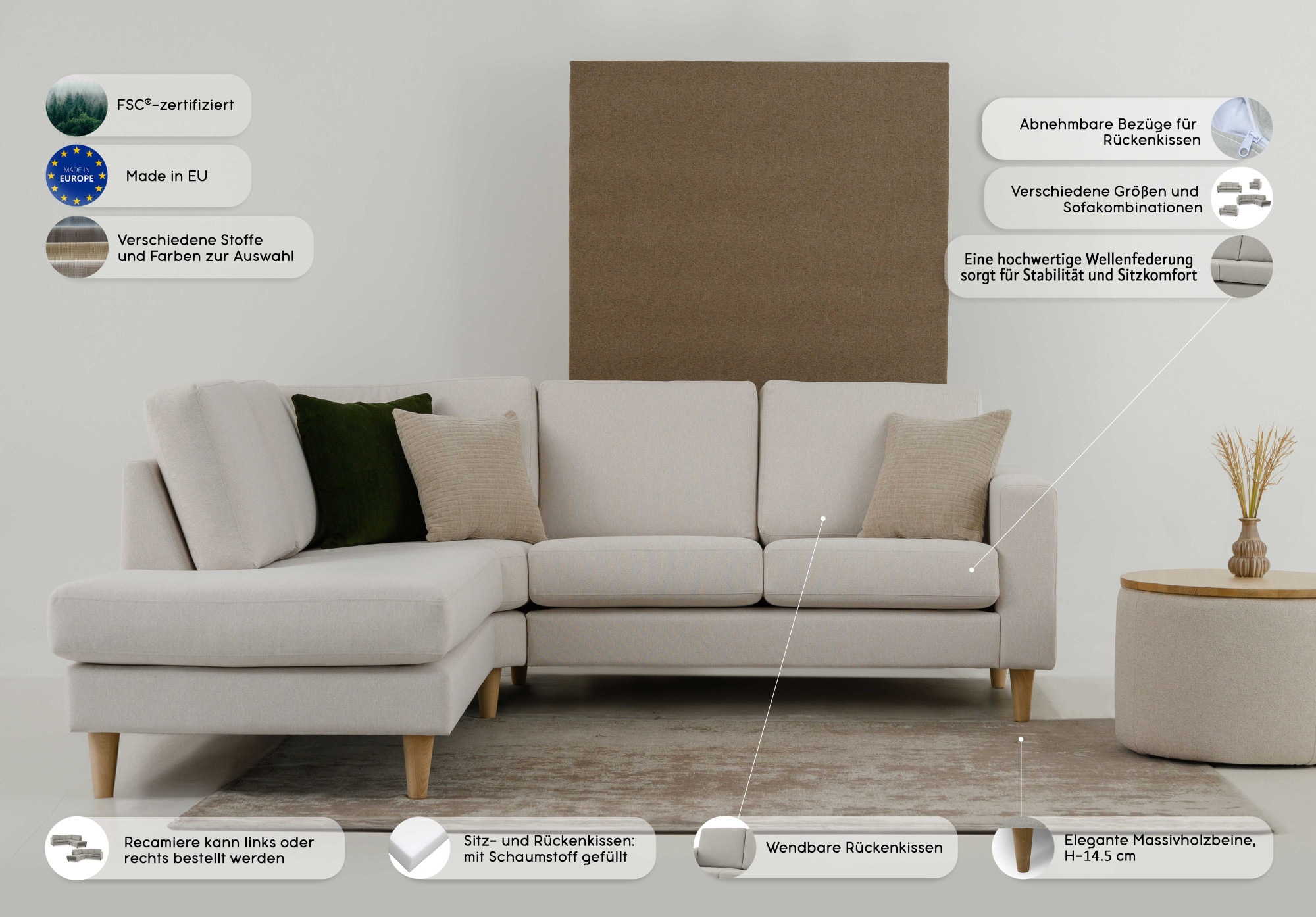 andas Ecksofa »Tvinno«, im skandinavischen Stil, L-Form, mit Massivholzfüßen, Breite 230 cm