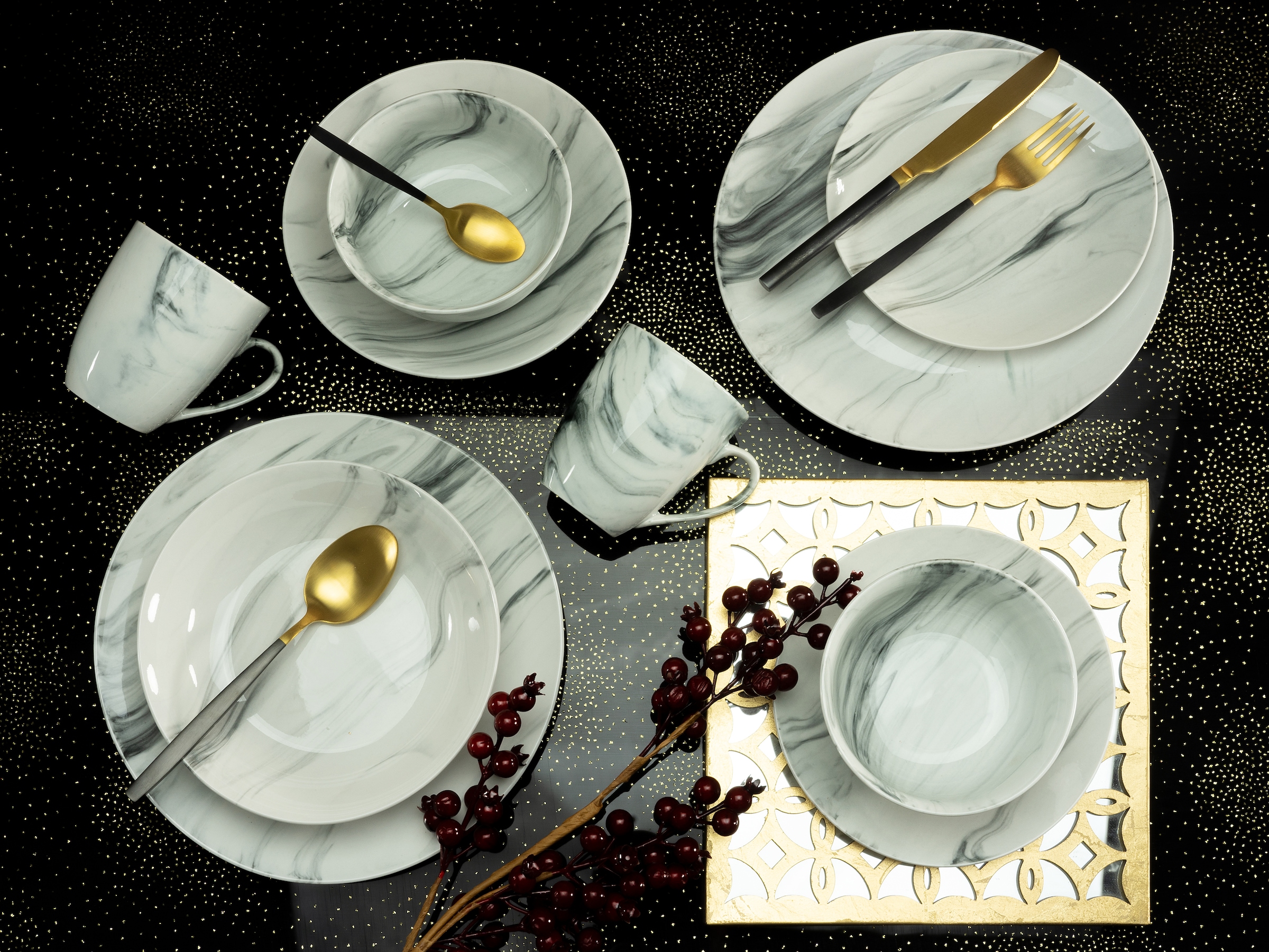 CreaTable Kombiservice »Geschirr-Set Marmor«, (Set, 16 tlg., Kaffeeservice und Tafelservice im Set, für 4 Personen), Service, tolle Optik, 16 Teile, für 4 Personen