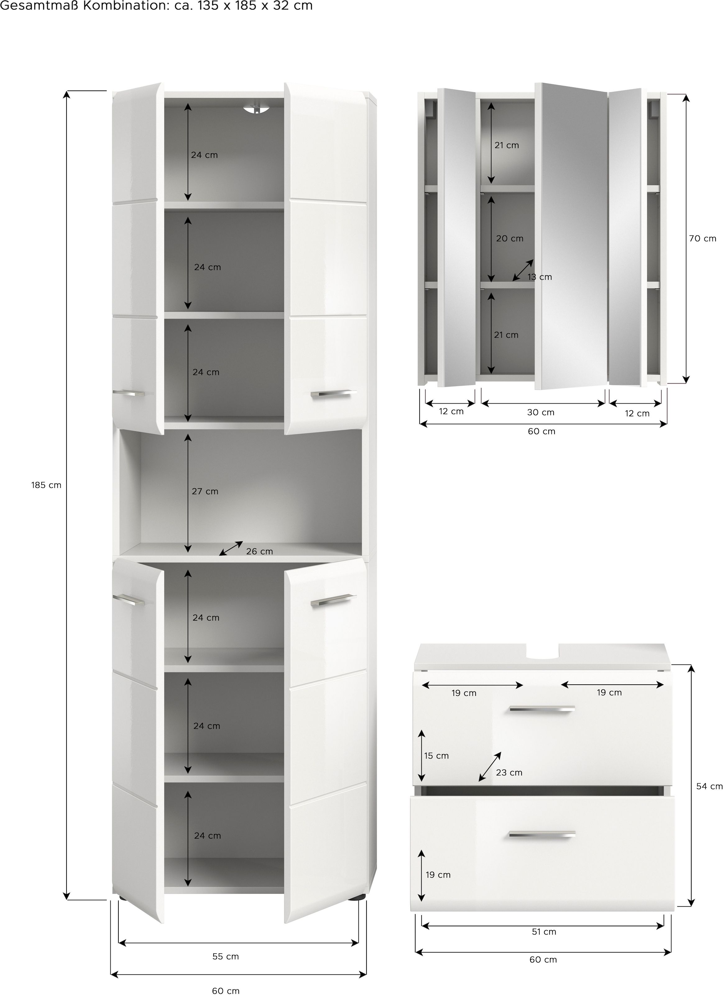 INOSIGN Badmöbel-Set »FLORENZ, TOPSELLER!, 3-teilige Badkombination, hochwertige MDF-Front«, (best. aus: 1 Hochschrank, 1 Waschbeckenunterschrank, 1 Spiegelschrank), Bad-Kombination, Bad-Möbel, Badezimmer, Kombination, Kombi