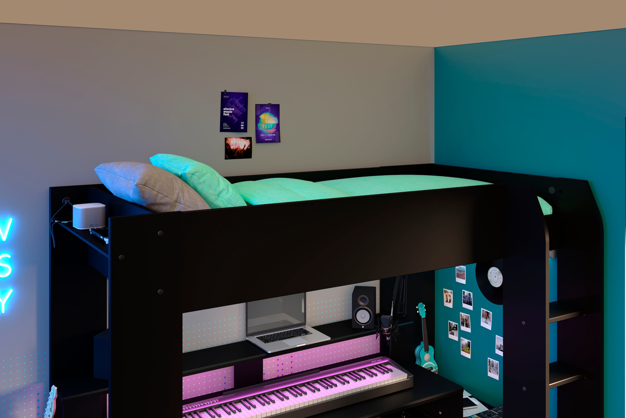 Parisot Hochbett »Gaming-Bett, mit Schreibtisch, USB Anschluss, LED, viel Stauraum«, ideal für kleine Räume, TOPSELLER!