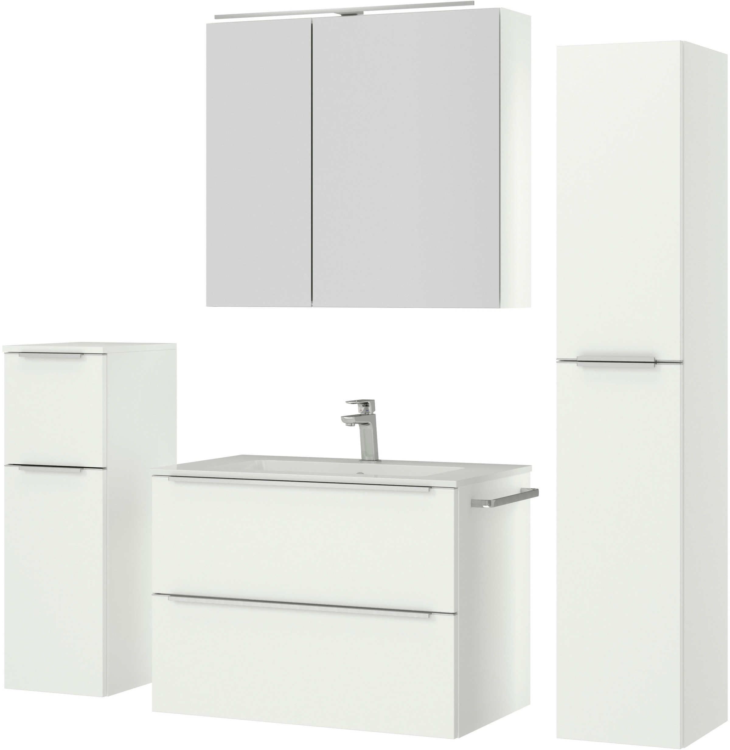 nobilia® Badmöbel-Set »Levere«, (4 St., vormontiert, mit Soft-Close), inkl. Spiegelschrank mit Beleuchtung und Dimmerfunktion, in 4 Breiten