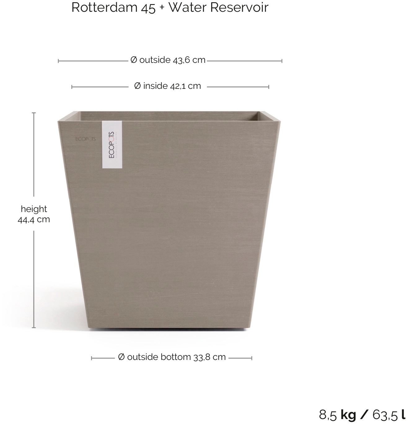 ECOPOTS Blumentopf »Rotterdam 45 + Wassersystem Taupe« für innen und außen: frostsicher, bruchsicher und lichtbeständig