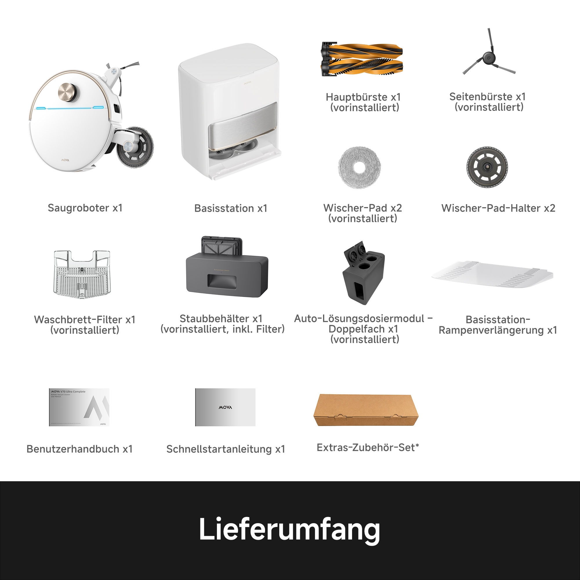 Mova Saugroboter »V70 Ultra Complete, MaxiReachX-Doppelverlängerung« 40.000 Pa Saugkraft, 15N Abwärtsdruck & 300 U/min Wischen