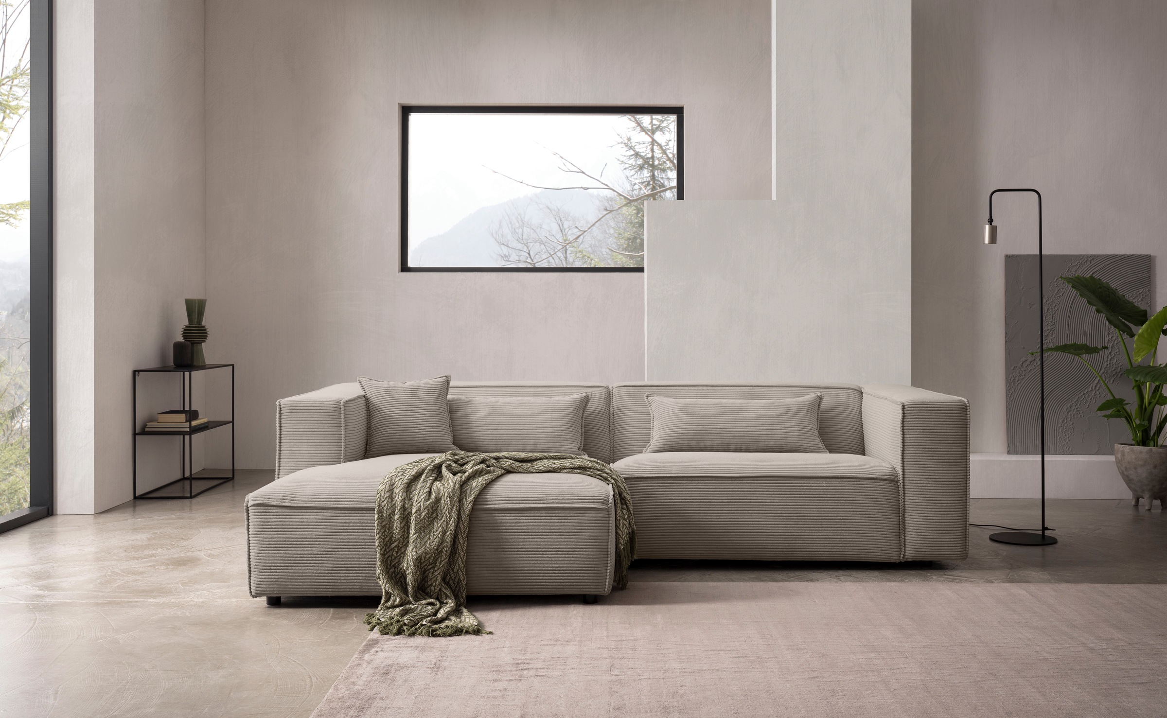 LeGer Home by Lena Gercke Ecksofa »PIARA mit Kedernaht in Cord oder Leinenoptik, moderne Couch in L-Form«, wahlweise Ottomane rechts/links, schwarze Füße, bequemer Sitzkomfort