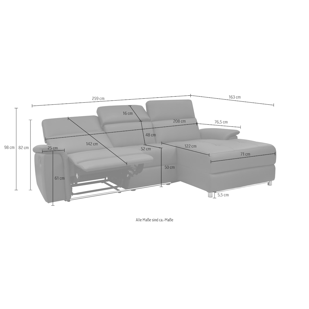 Places of Style Ecksofa »Pareli 259cm mit Recamiere in Echtleder, Kunstleder, Webstoff, mit«, man. o. elektr. Relaxfunktion, USB/Kopfteilverstellg u. LED