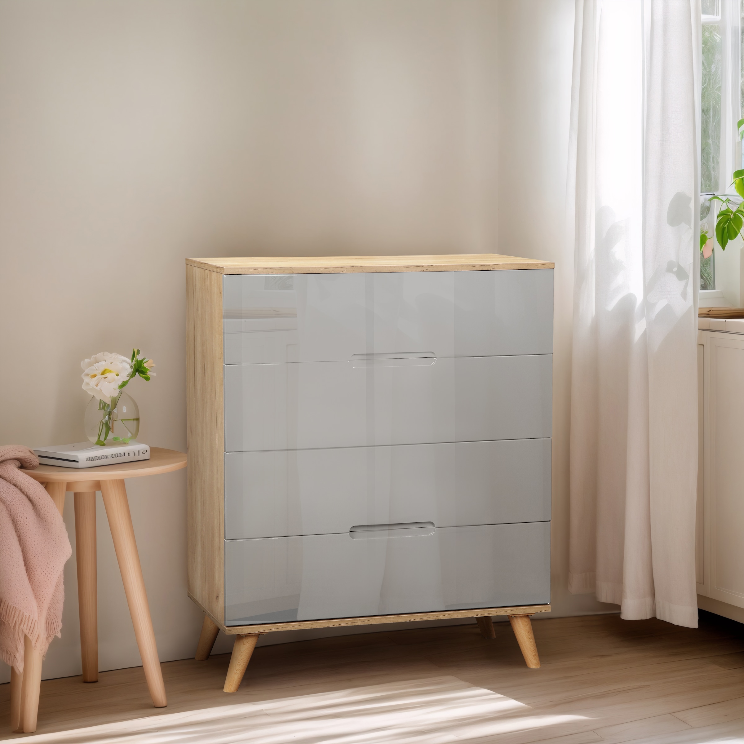 andas Schubkastenkommode »Lund Schlafzimmerschrank Wäscheschrank mit hochglänzenden Fronten«, (Kommode mit 4 Schubladen für viel Stauraum), Schlafzimmerkommode Bestseller im skandinavischem Design